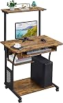 Yaheetech 3 Tiers Mobile Computer Desk with Printer Shelf & Keyboard Tray Rolling Computer Desk for Small Spaces, Compact Study Desk Workstation with Wheels, Space Saving, Black