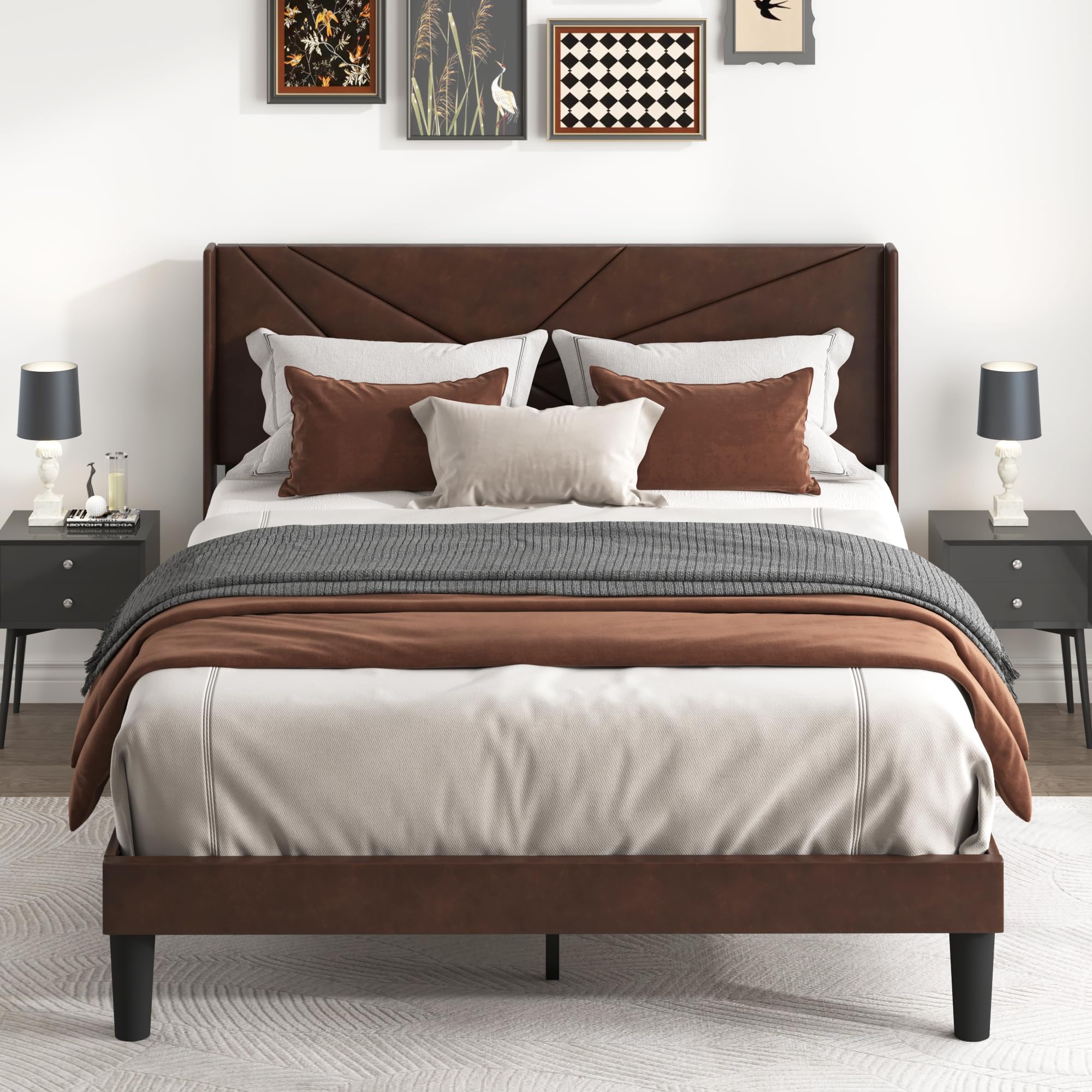 Queen Size Bed Frame with Upholstered Wingback Headboard, Easy Assemnly Platform Bed and Heavy Duty Wooden Slats Support, Noise-Free, No Box Spring Needed (Dark Brown, Queen)