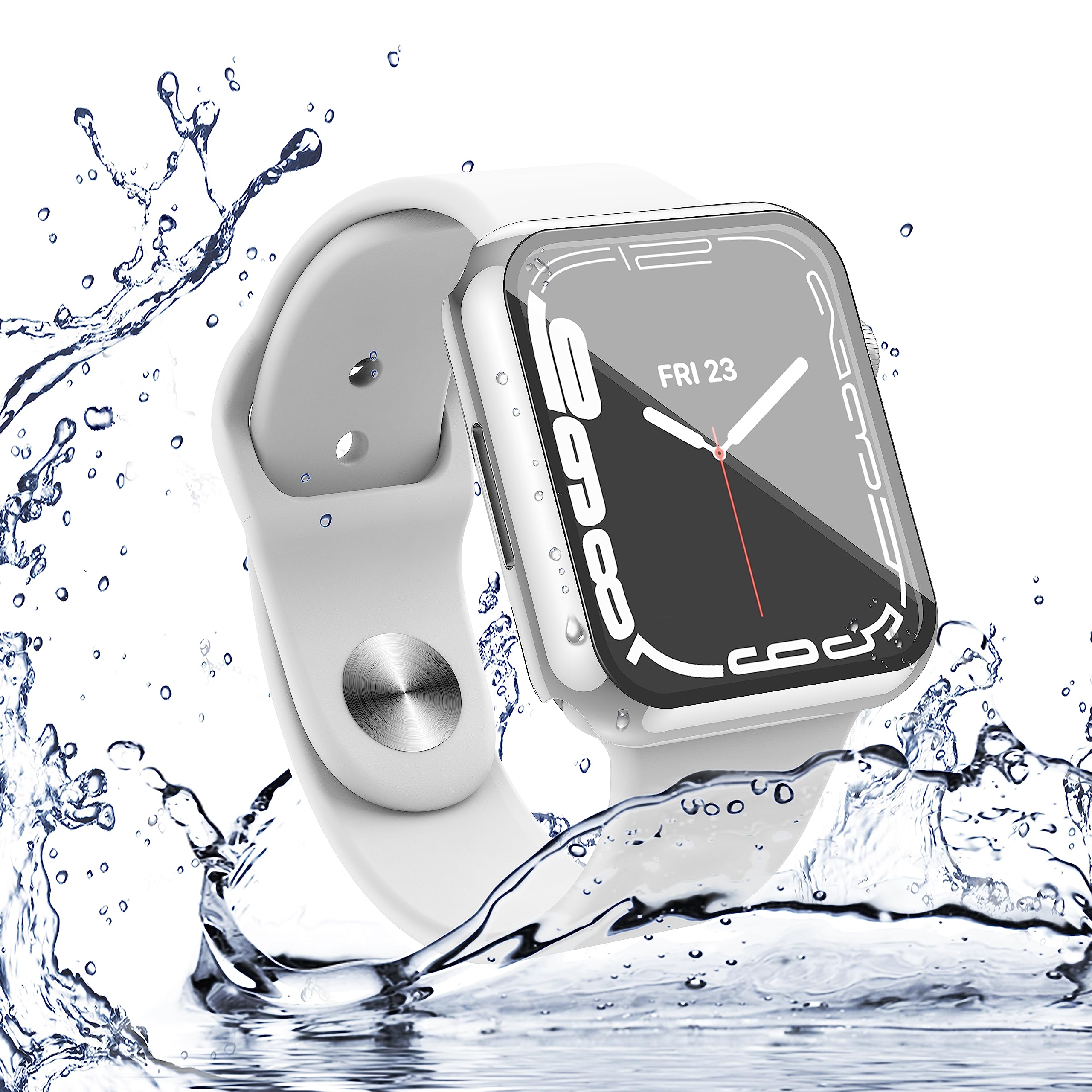 Misxi Confezione da 2 custodie impermeabili antigraffio con pulsante per Apple Watch Serie 9 (2023) Serie 8 Serie 7 45 mm, cover rigida in PC con pellicola protettiva in vetro temperato per iWatch, 1