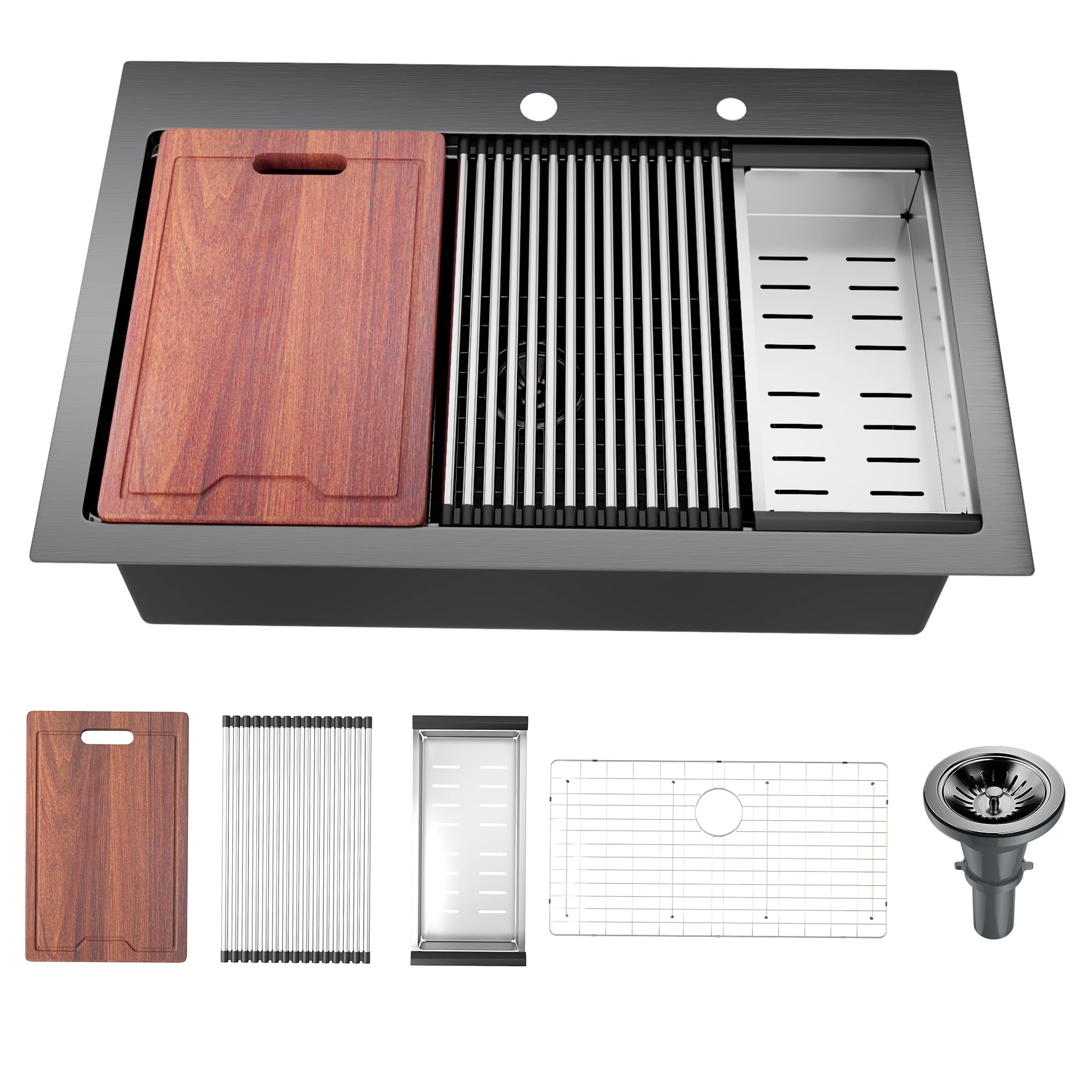 Drop in Kitchen Sink, 33 X 22 Inch Kitchen Sink Nano, 18 Gauge Gunmetal Matte Stainless Steel Sink, 10" Depth Workstation Sink Single Bowl, T-304 Black Topmount Sink with Accessories