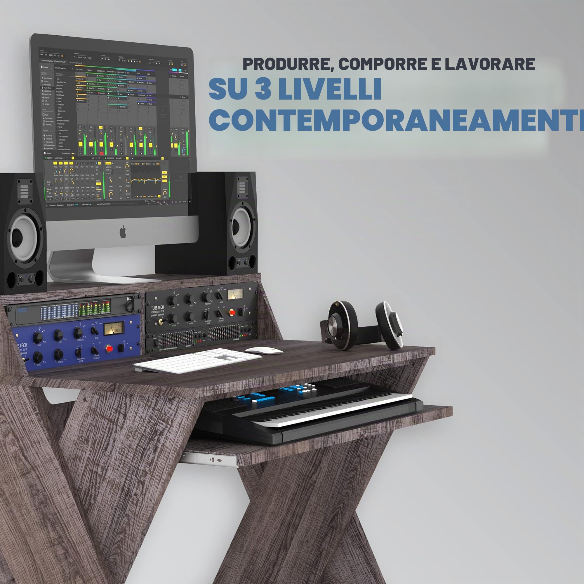 Glorious Sound Desk Compact Walnut - Station de travail de studio compacte au design intelligent avec grande surface de travail, compartiment à clavier coulissant