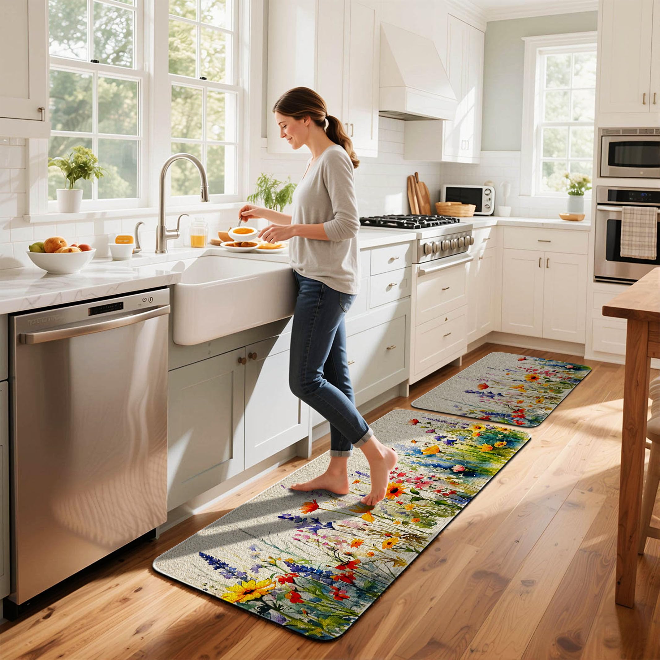 Trengaois Floral Elegance Kitchen Mat Set - 2 Piece Anti-Slip Linen Top Comfort Mats, 17