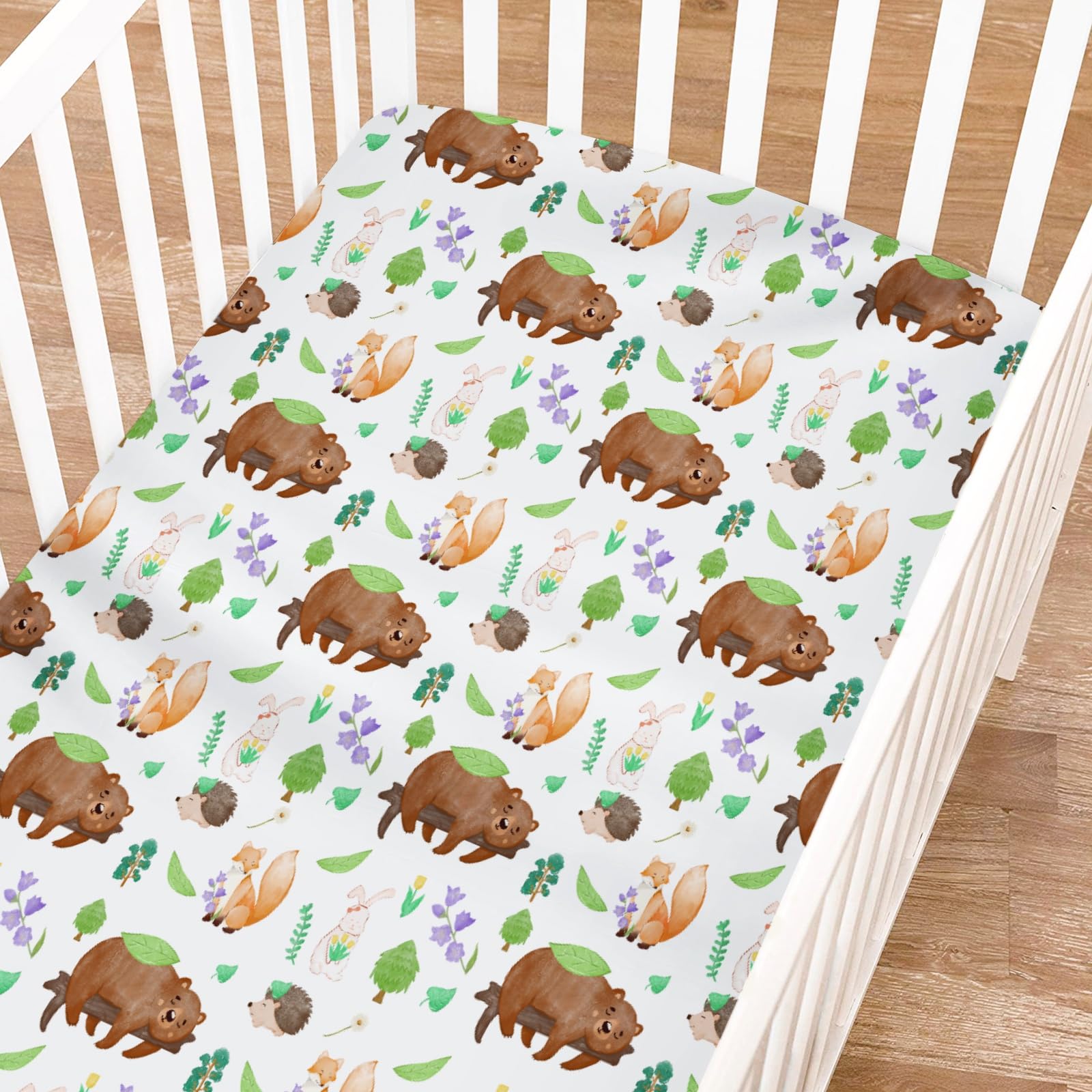 Animals Trees Floral Spring Baby Crib Sheets for Boys Girls 52"x28" Cute Bear Bunny Hedgehog Fox Soft Breathable Unisex Baby Nursery Bed Sheets for Standard Crib and Toddler Mattresses