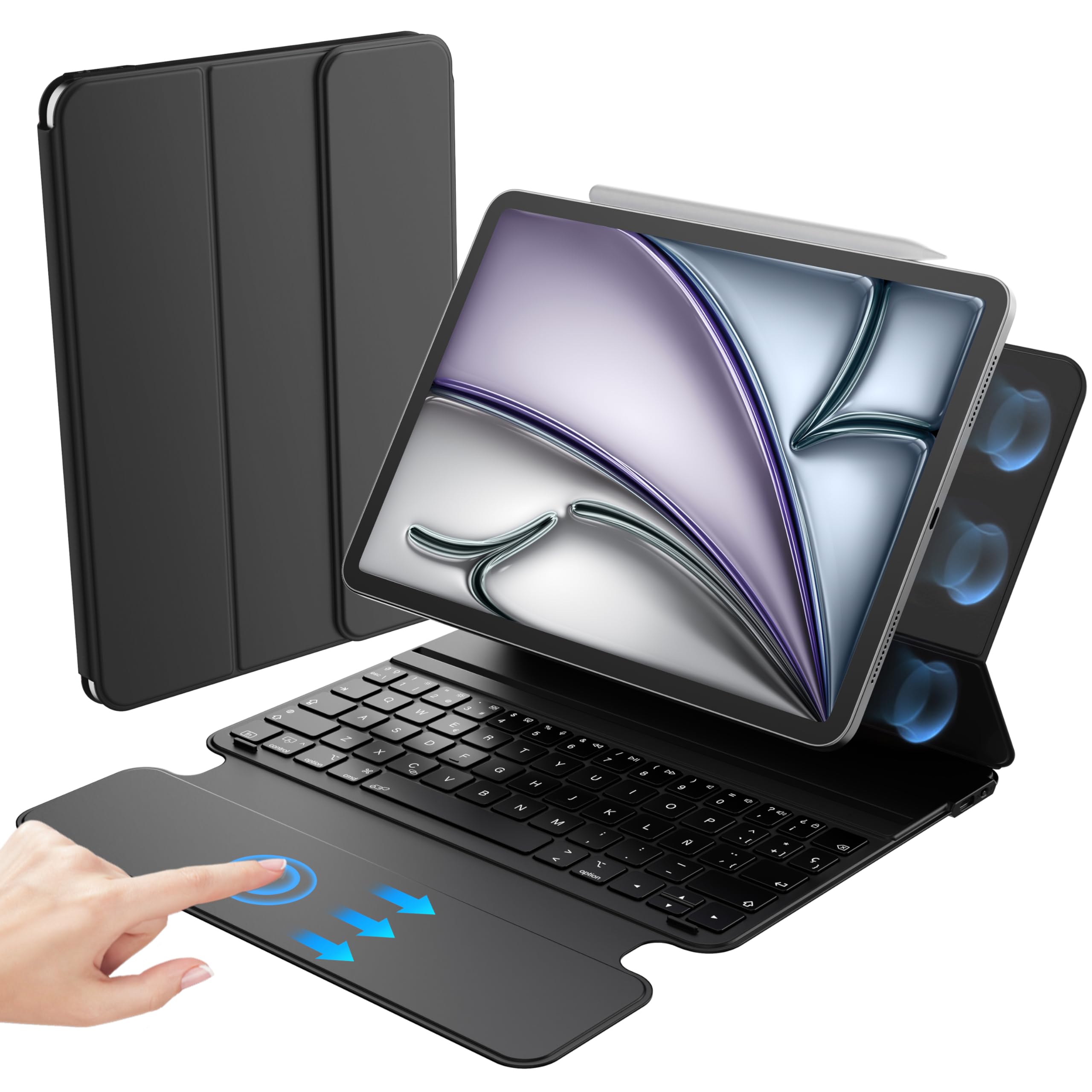 HOU Teclado Ultra Delgado para iPad Air 11" M2/M3, 5th/4th Gen & Pro 11" (2018–2022, 1st–4th) Panel Táctil Completo, Soporte para Lápiz y Protección de Cámara - Ideal para Trabajo y Viaje – Español Ñ