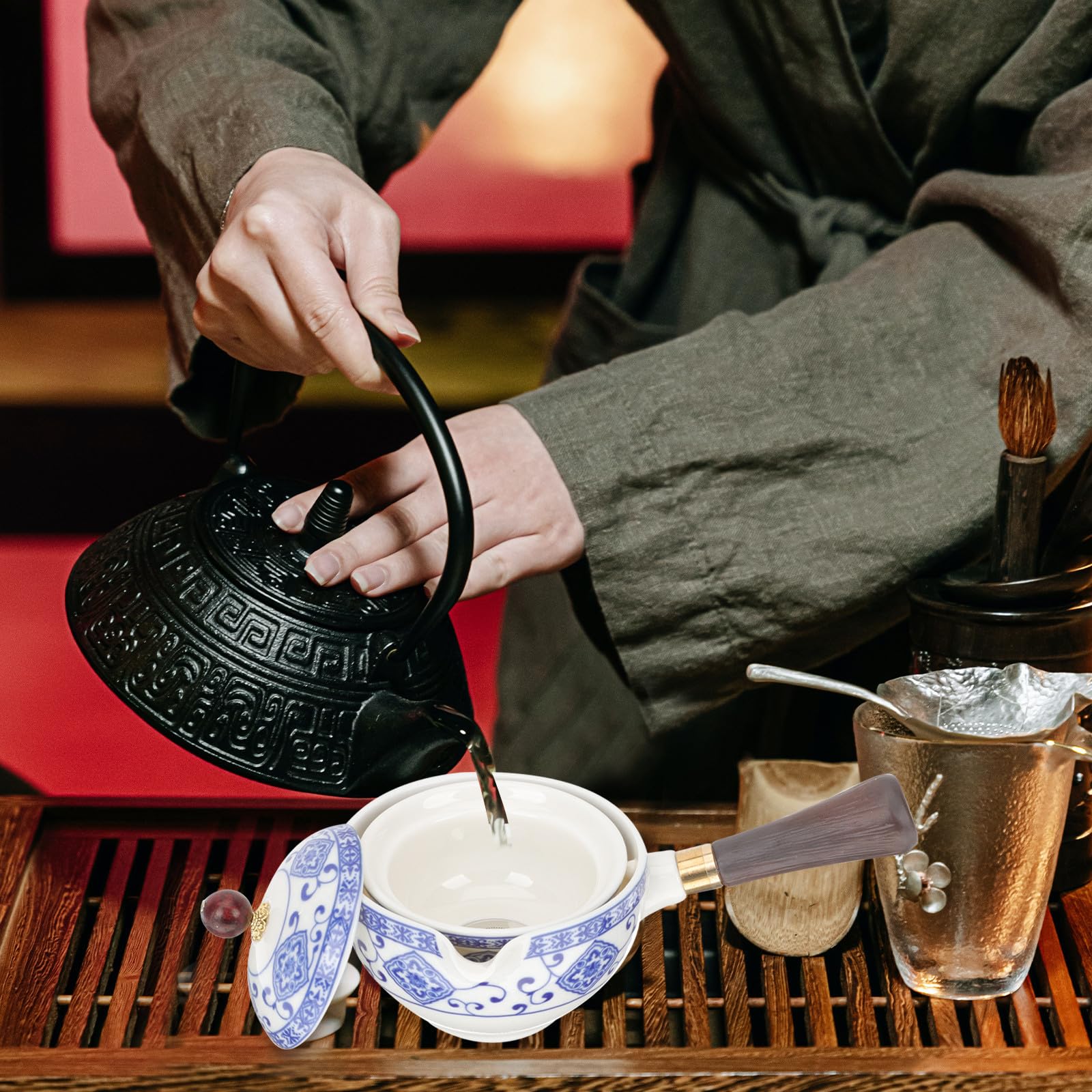 Juego de Té Chino de Cerámica Estilo Chino Tetera y 4 Tazas Fácil de Limpiar y Verter Adecuado para Aficionados al Té en Casa