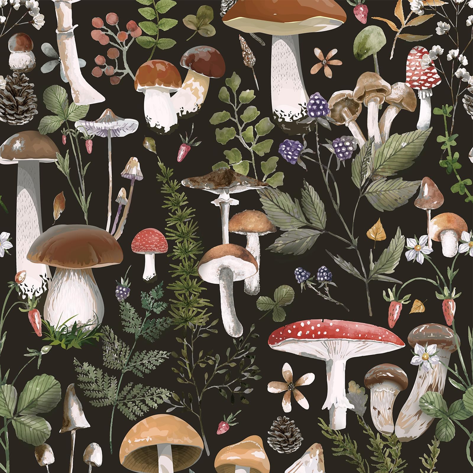 Peel and Stick Wallpaper Boho Black/Brown Mushroom Forest Self Adhesive Contact Paper Vintage Vinyl Removable Wall paper for Bathroom Kitchen Countertop Wall 17.3" x 118" 14.5 sq.ft/Roll