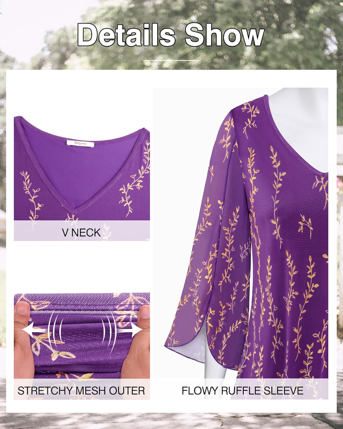 Bebonnie Womens Ruffle 3/4 Sleeve V Neck Double Layers Mesh Blouses Loose Fit Flowy Tunic Tops