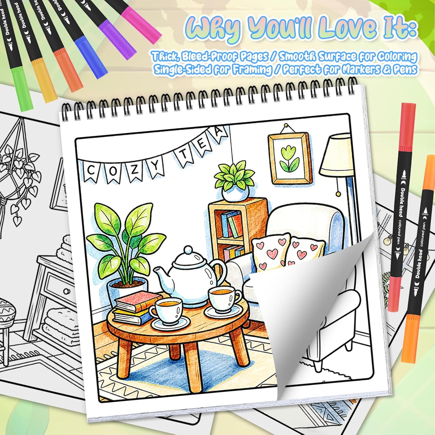 3Pcs Spiral Bound Coloring Books for Adults Relaxation with 36 Color Markers Spiral Bound Single-Sided Pages Bold and Easy, Simple and Big Designs Adult Coloring Book for Women- Corner & Cake & Garden