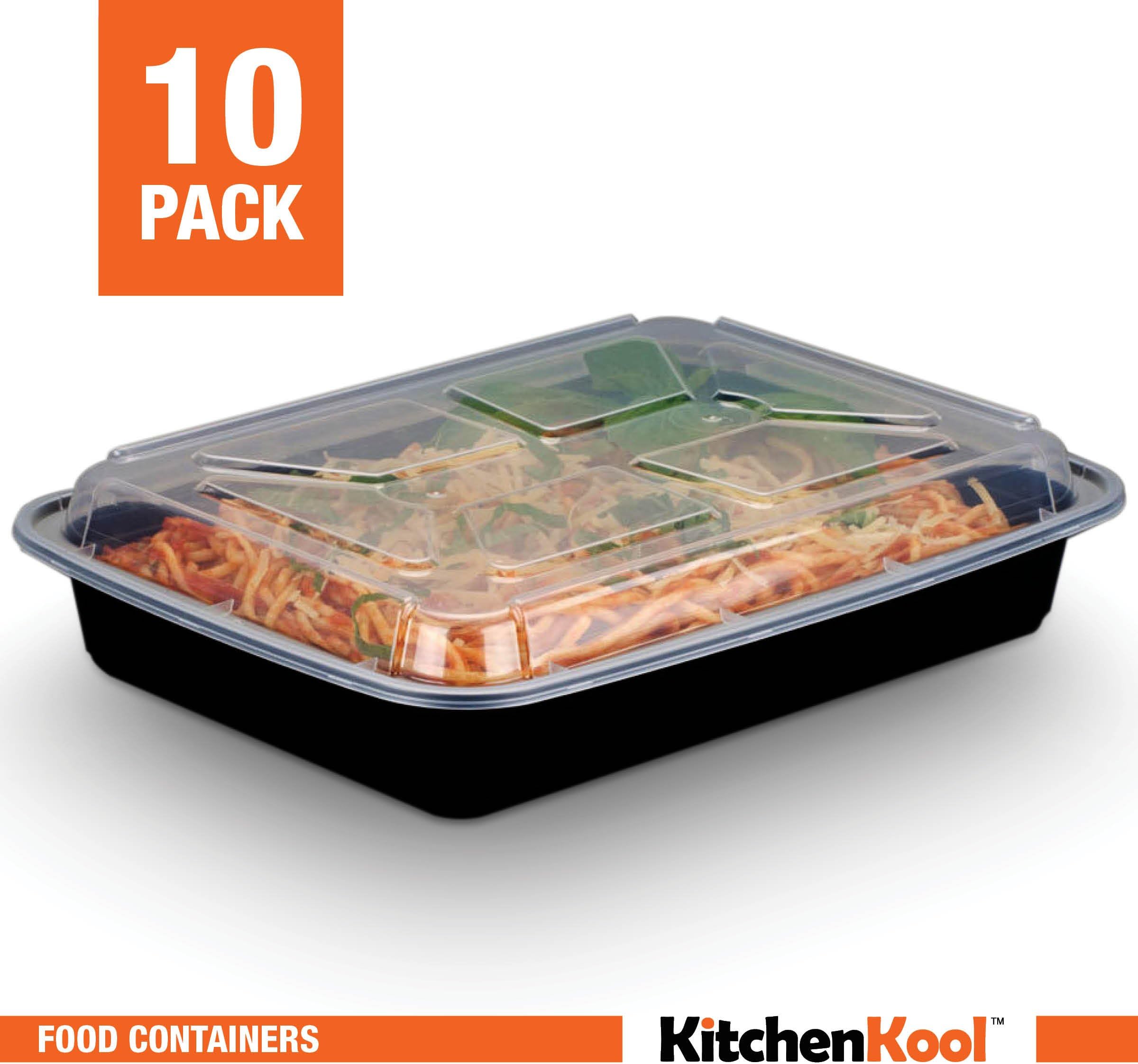 KitchenKool 10-Pack, Microwave Safe Food Container with Lid, Bento Box, Lunch Tray with Cover, Reusable, Dishwasher Safe, Black, 58oz