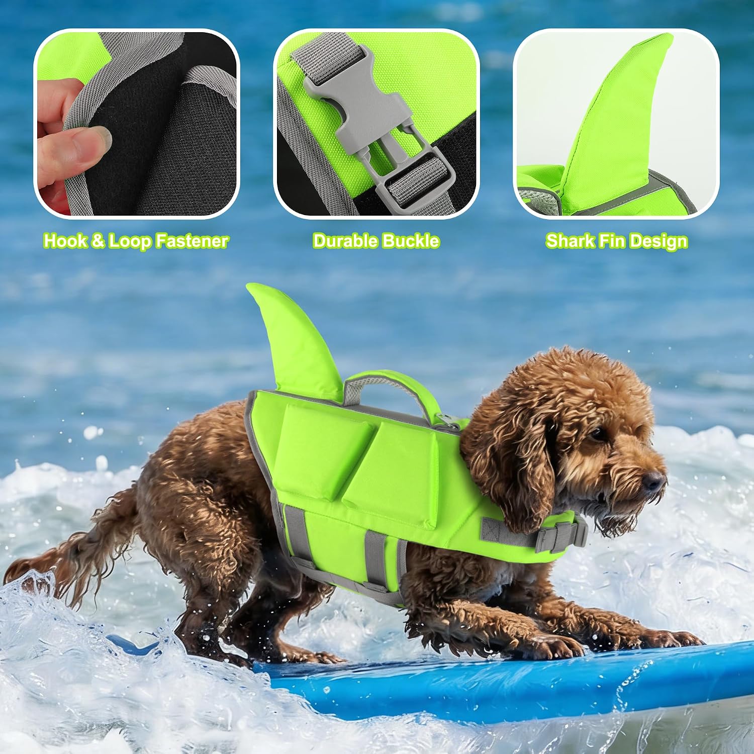 Dogcheer Dog Life Jacket with Extra Buoyancy, Shark Dog Life Vest with Rescue Handle and Reflective Strips, Adjustable Fit for Small, Medium, and Large Dogs, Ideal for Swimming & Boating, Green - XL
