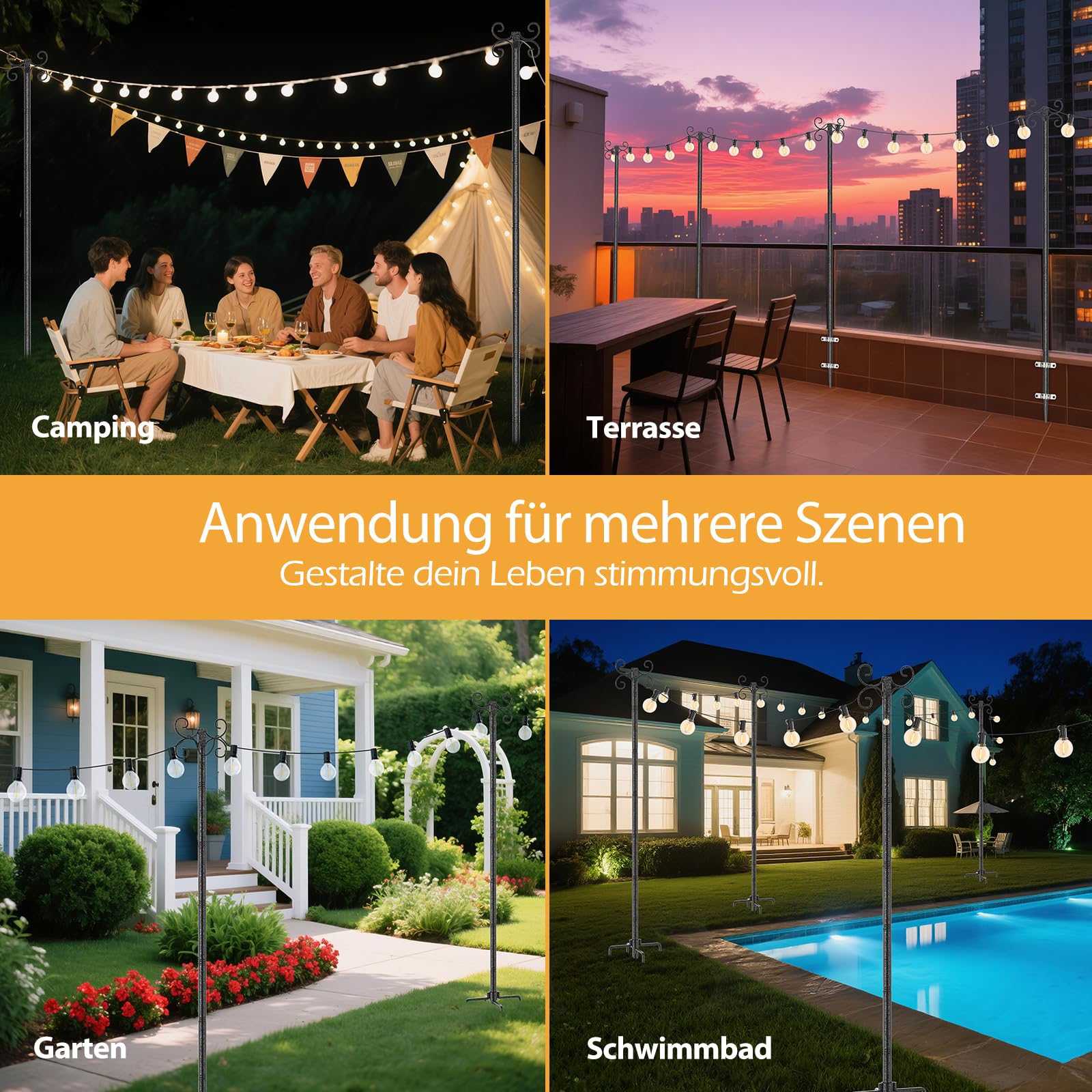 StarryEver Schäferhaken Garten Stangen mit 4-Haken, 2 Stück 3m Höhenverstellbar Heavy Duty Metall Gartenstecker mit Hammerfinish-Oberfläche,Laternenhalter für Laternen Solarleuchten Lichterkette