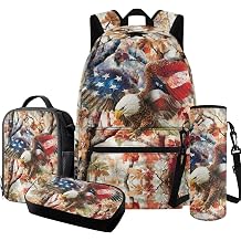 17 Inch Backpack and Lunch Bag Set for Kids American Flag Eagle School Bookbag for Girls 8-9 9-10 Backpacks with Insulated Food Container Bag & Water Bottle Holder Sleeve
