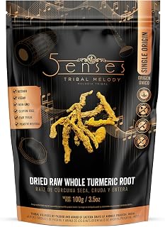 5Senses Dried Whole Turmeric Root | Curcuma | Tribal Melody | Single Origin, Non-GMO, Fairtrade | Whole Turmeric Root | Vegan | Gluten Free | Sun Dried | Indian Spice (3.5oz/100g)