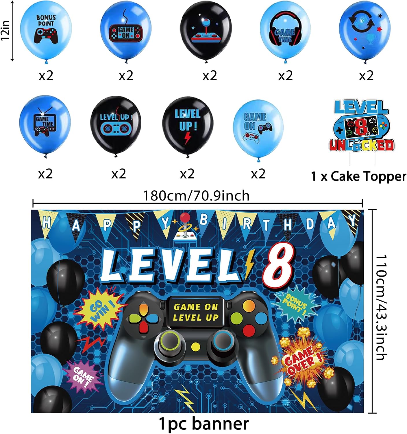 Vlipoeasn Video Game 8th Birthday Decorations for Boys, Blue Level 8 Banner Backdrop Honeycomb Centerpieces Hanging Swirls for 8th Birthday Party, Gamer 8 Years Old Party Supplies