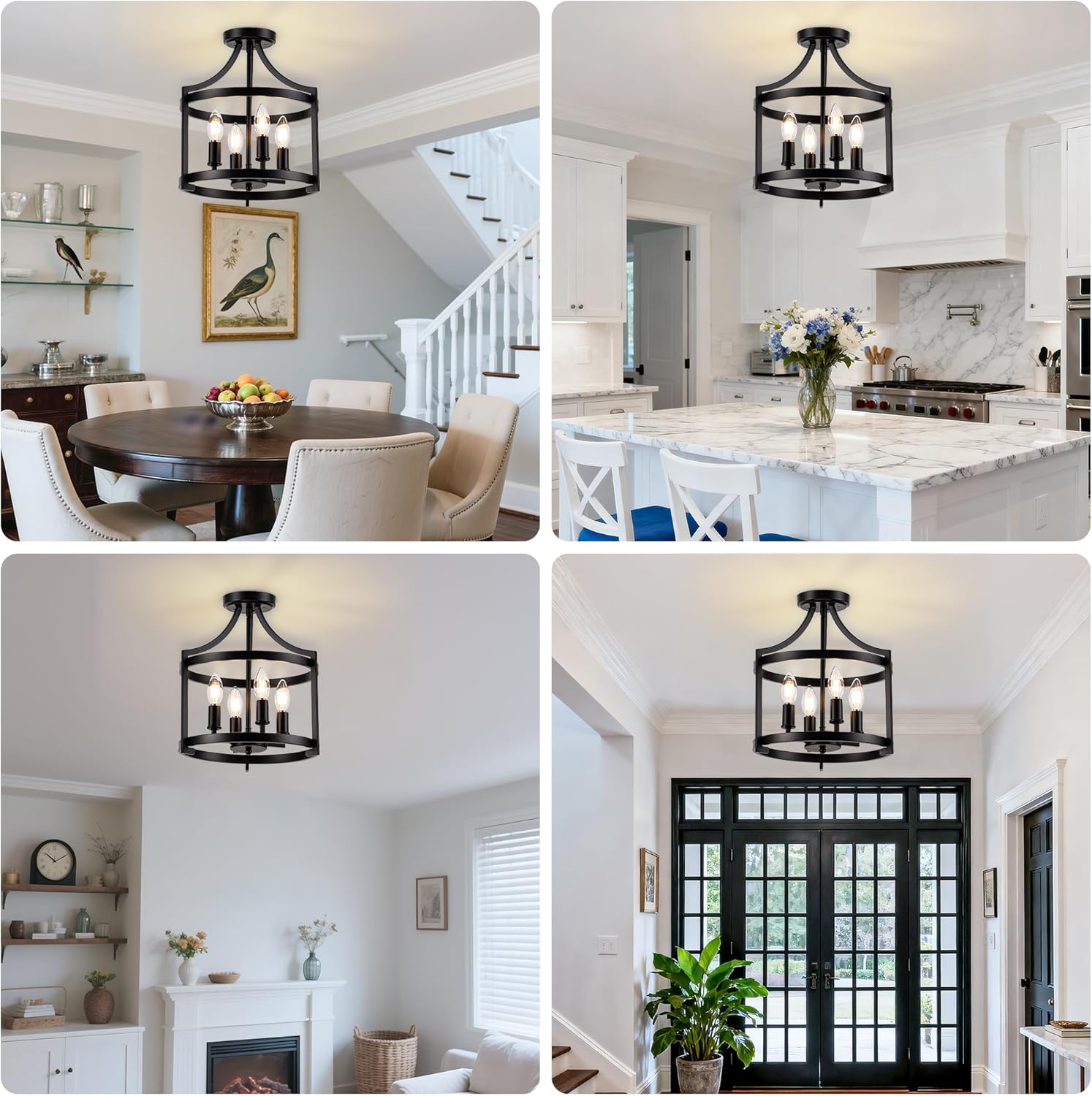 4-lights black farmhouse chandelier, convertible semi flush mount ceiling light fixture, modern industrial chandelier hanging light rustic round cage for dining room kitchen foyer entryway black004