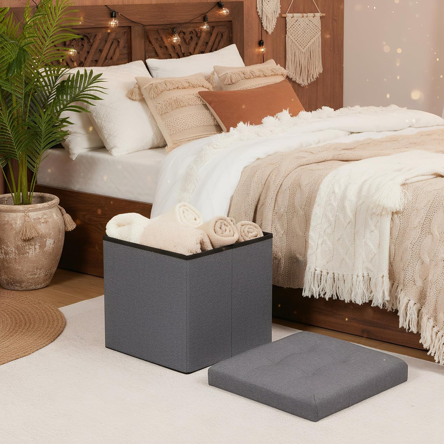 B FSOBEIIALEO Storage Ottoman Cube Foldable Footrest, Chest & Seat for Living Room, Nursery, Bedroom 12.6 Inch Cube (Linen Grey) - Image 6