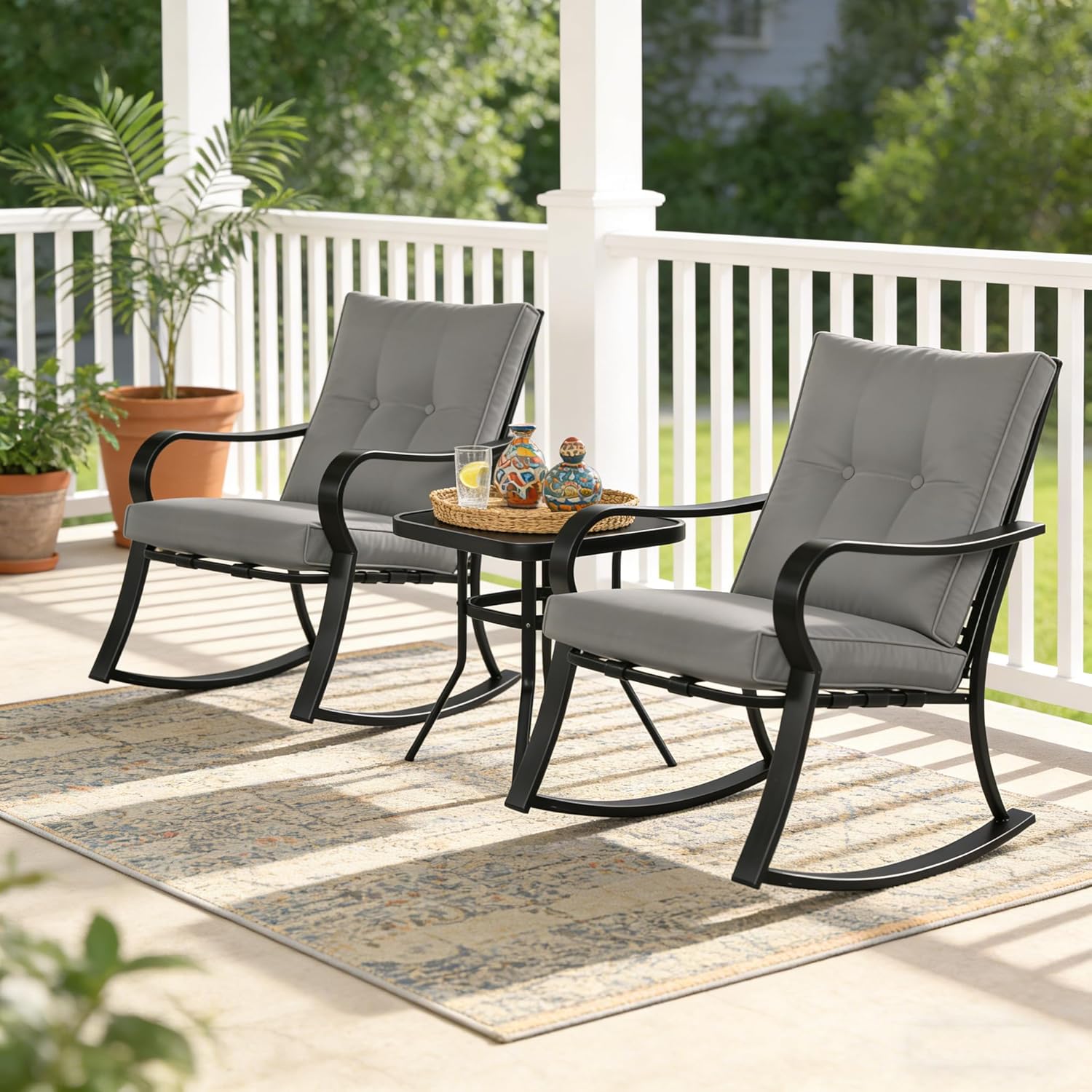 SUNCROWN Outdoor 3-Piece Rocking Chairs Patio Bistro Set Black Steel Furniture with Thickened Cushion and Glass-Top Coffee Table, Grey