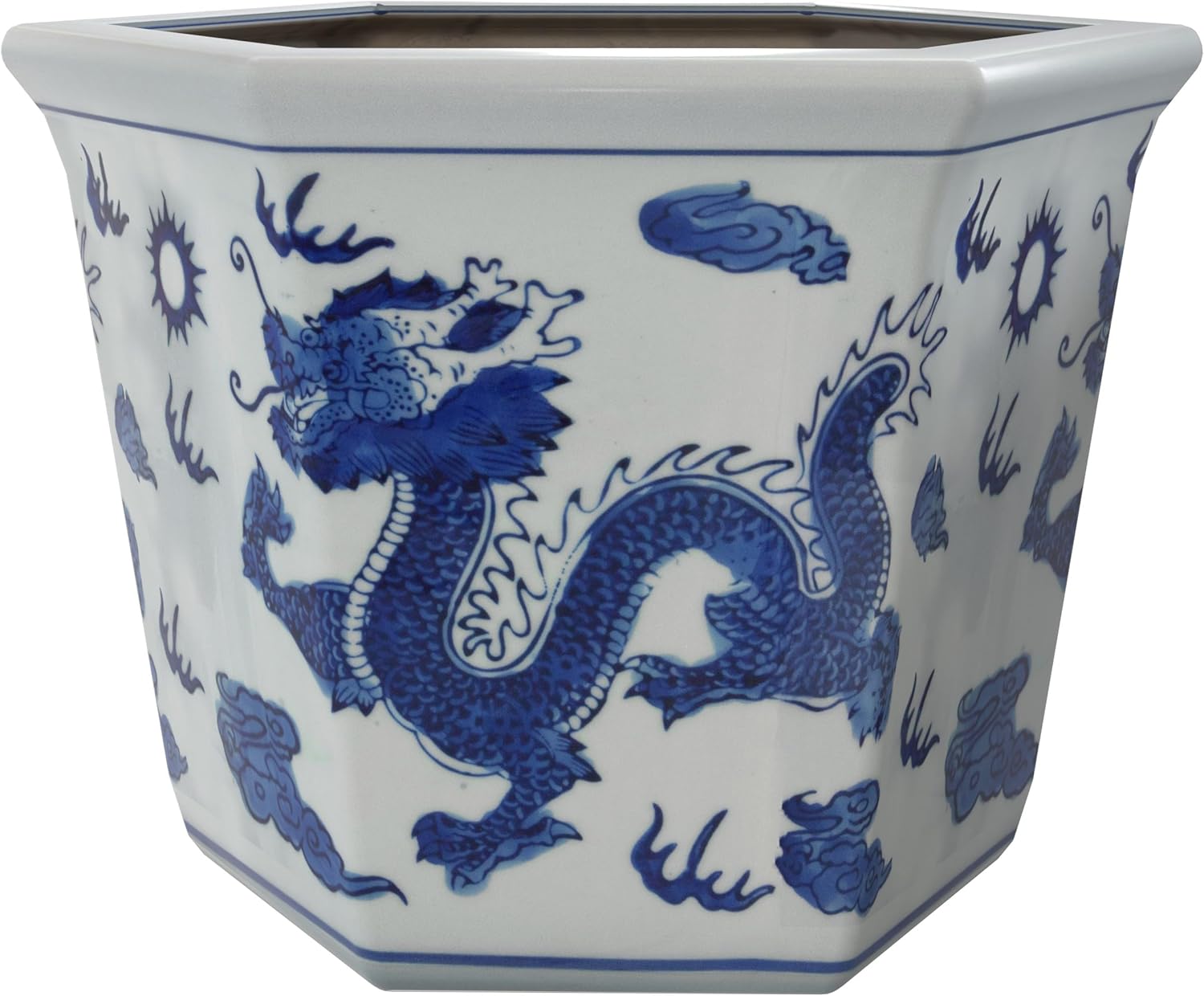 Red Lantern 10" Dragon Blue & White Porcelain Flower Pot