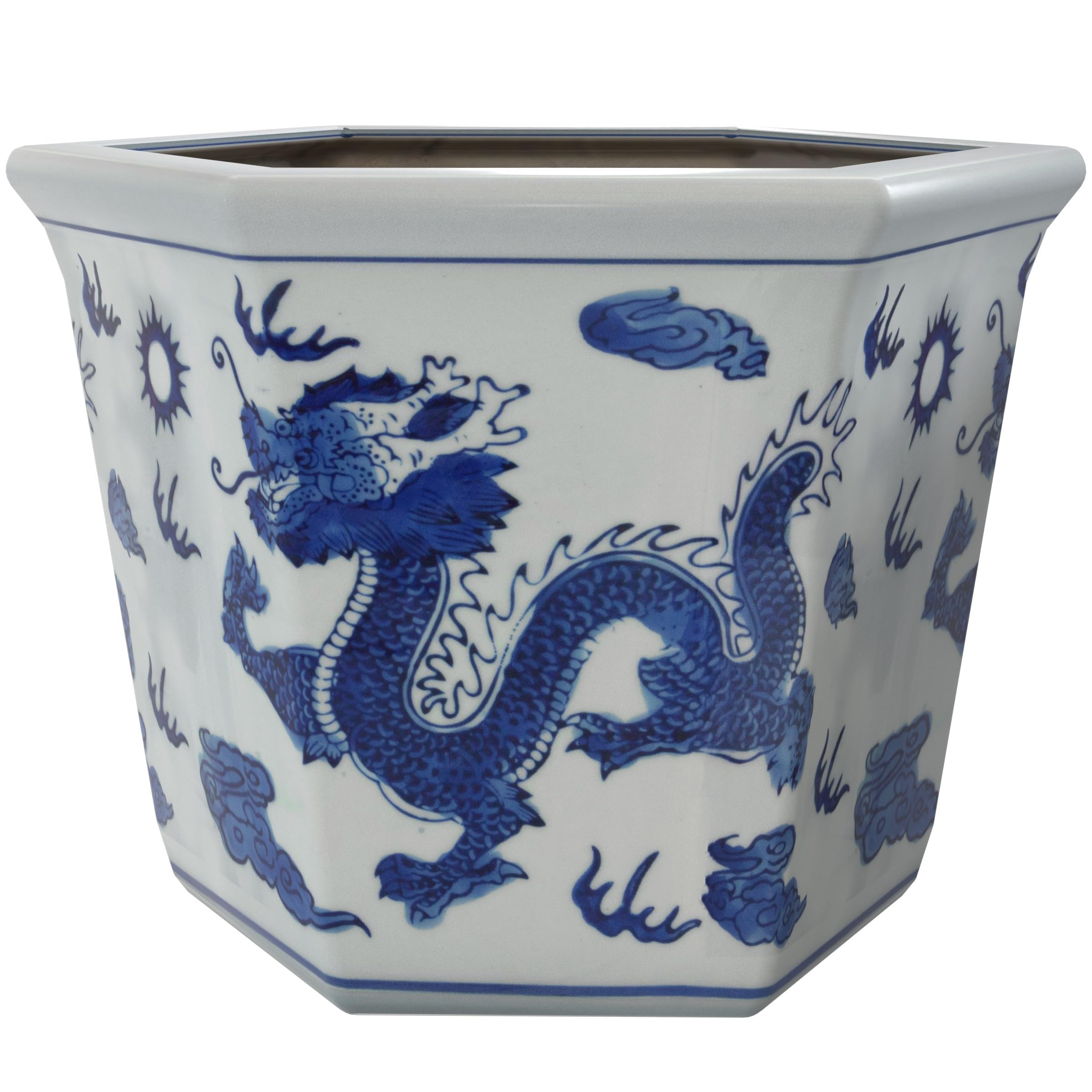 Red Lantern 10" Dragon Blue & White Porcelain Flower Pot