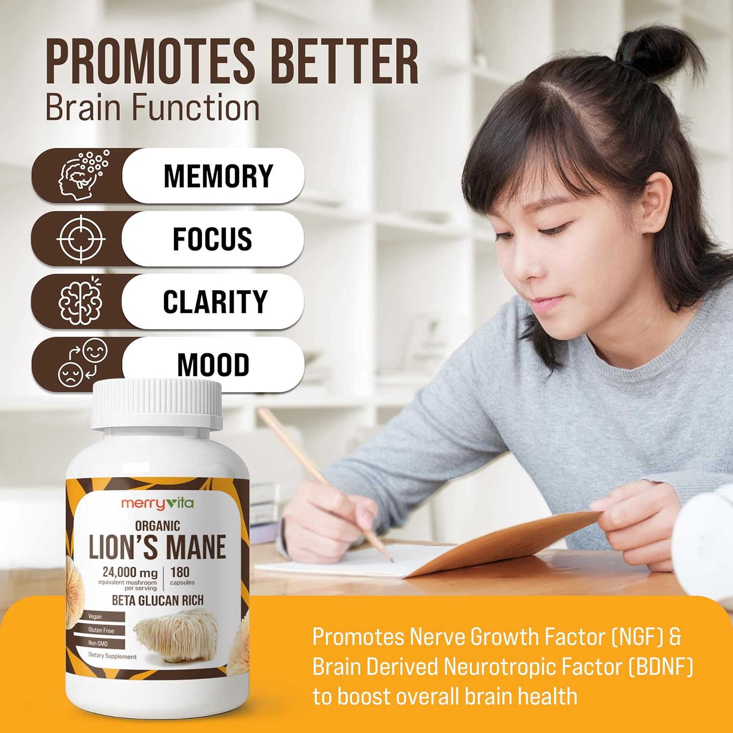 MERRY VITA Lion’s Mane Supplement Capsules – Mushroom Supplement for Immune Brain, Memory & Focus - Non GMO, Vegan Friendly - 180 Capsules