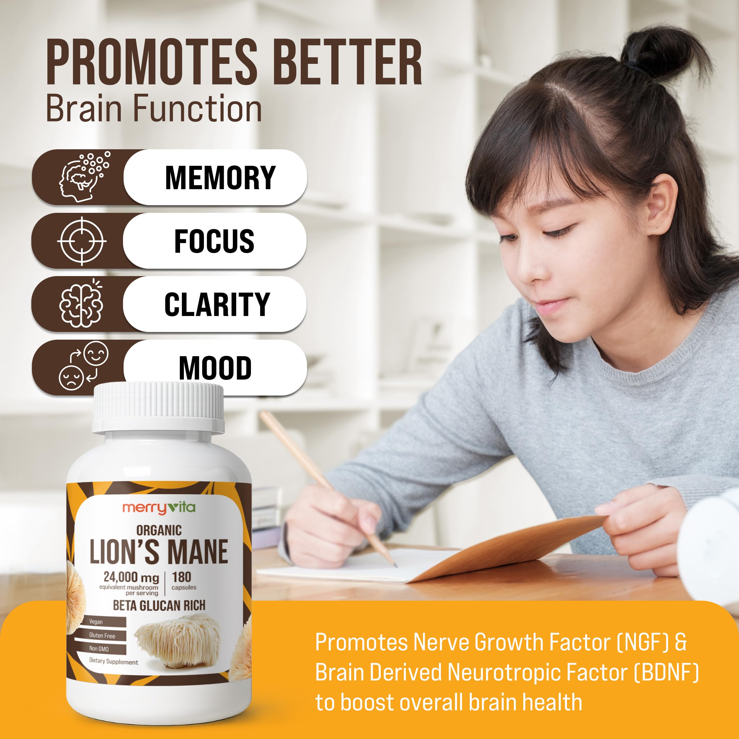 MERRY VITA Lion’s Mane Supplement Capsules – Mushroom Supplement for Immune Brain, Memory & Focus - Non GMO, Vegan Friendly - 180 Capsules — Amazon image 6