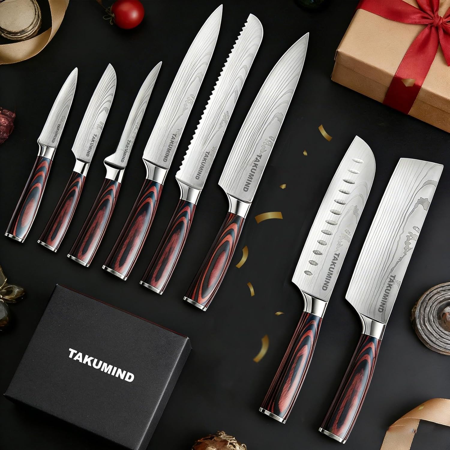 Premium Japanese Knife Set,Sharp Knives Set for Kitchen,Nop-slip Wooden Ergonomic Handle,High Carbon Stainless Steel Forged Luxury Gift(8PCS,Silver)