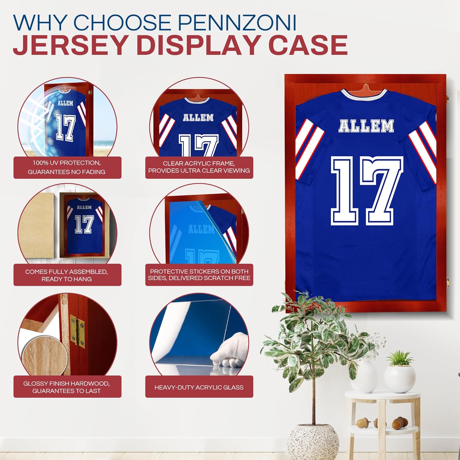 PENNZONI Jersey Frame Display Case - Crystal Clear Acrylic Jersey Frame for Baseball, Football, Hockey, Soccer & Basketball, Jersey Shadow Box - Cherry