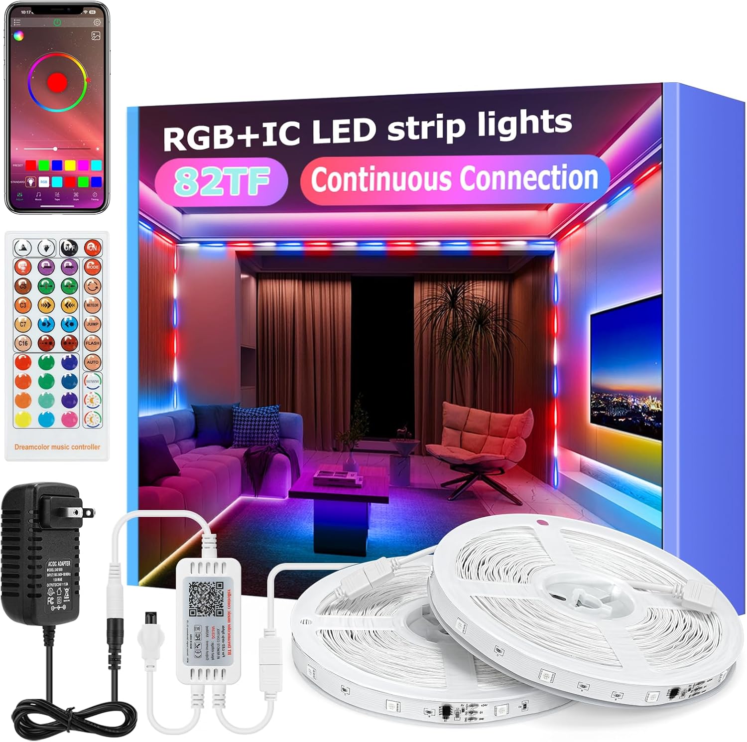 Continuous Connection RGB Smart LED Strip Lights, 82FT for Bedroom, Gaming Room, Bluetooth LED Strip Lights with App Control and Music Sync
