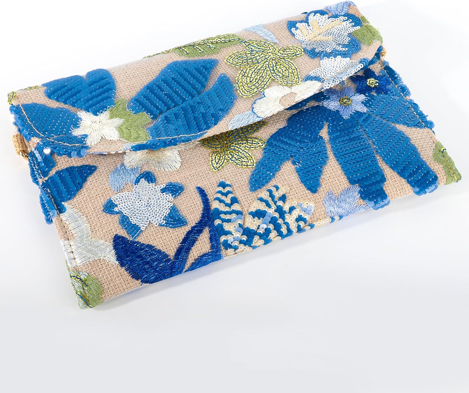 Floral Beaded Clutch,Handmade 3D Sequin Embroidery Natural Linen Detachable Chain,Used for Wedding,Ceremonie,Music Festival