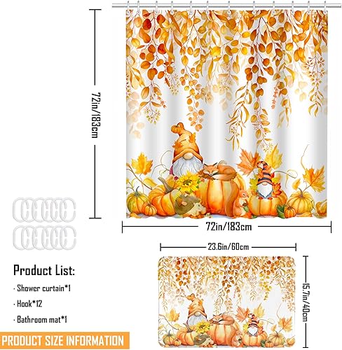 Miniatura 3 de Lutto Cortina de ducha de otoño para baño, juego de baño de otoño con cortina de ducha y alfombras, cortinas de ducha de calabaza de Acción de Hojas