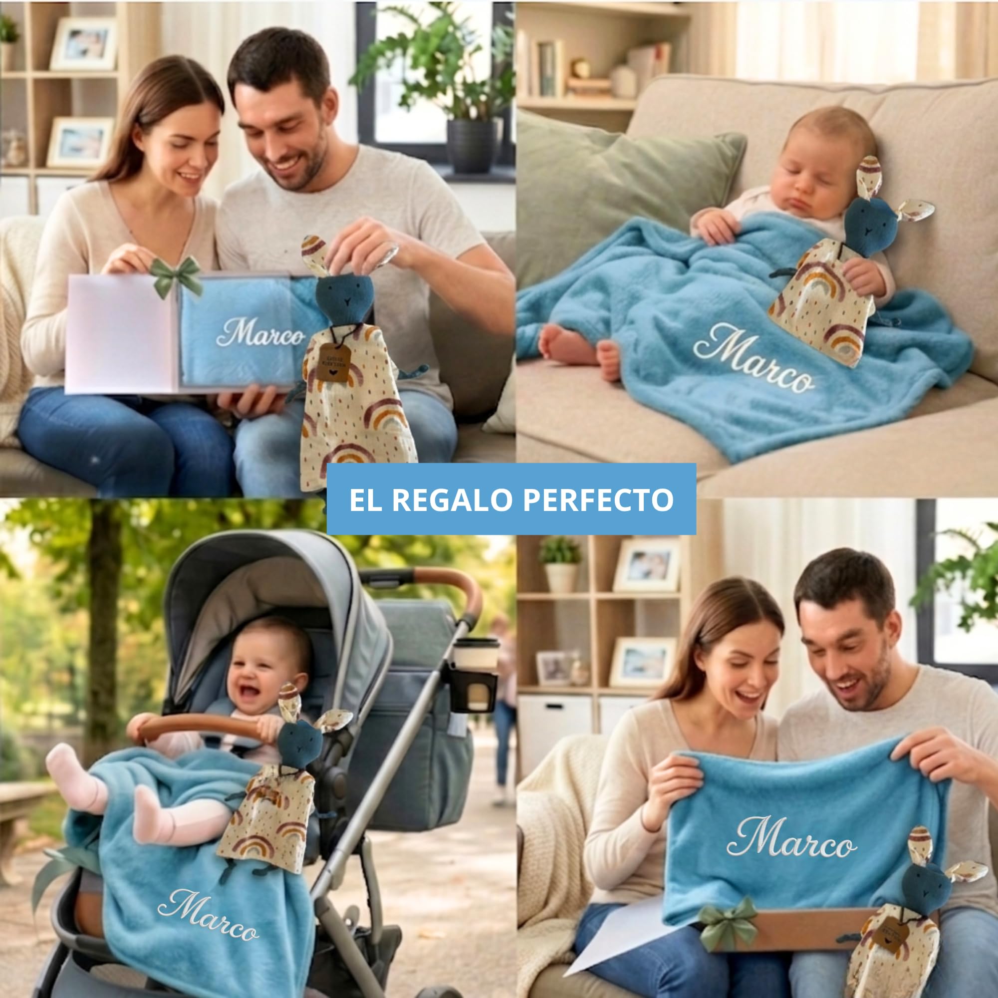 Manta Bebé Personalizada Nombre Bordado + Dou-Dou 100% Algodón - Fina y Ligera para Verano. Regalo Recién Nacido Niño Niña - Manta Suave y Peluche - Regalo Padres y Mamás Primerizas (Azul) - 3