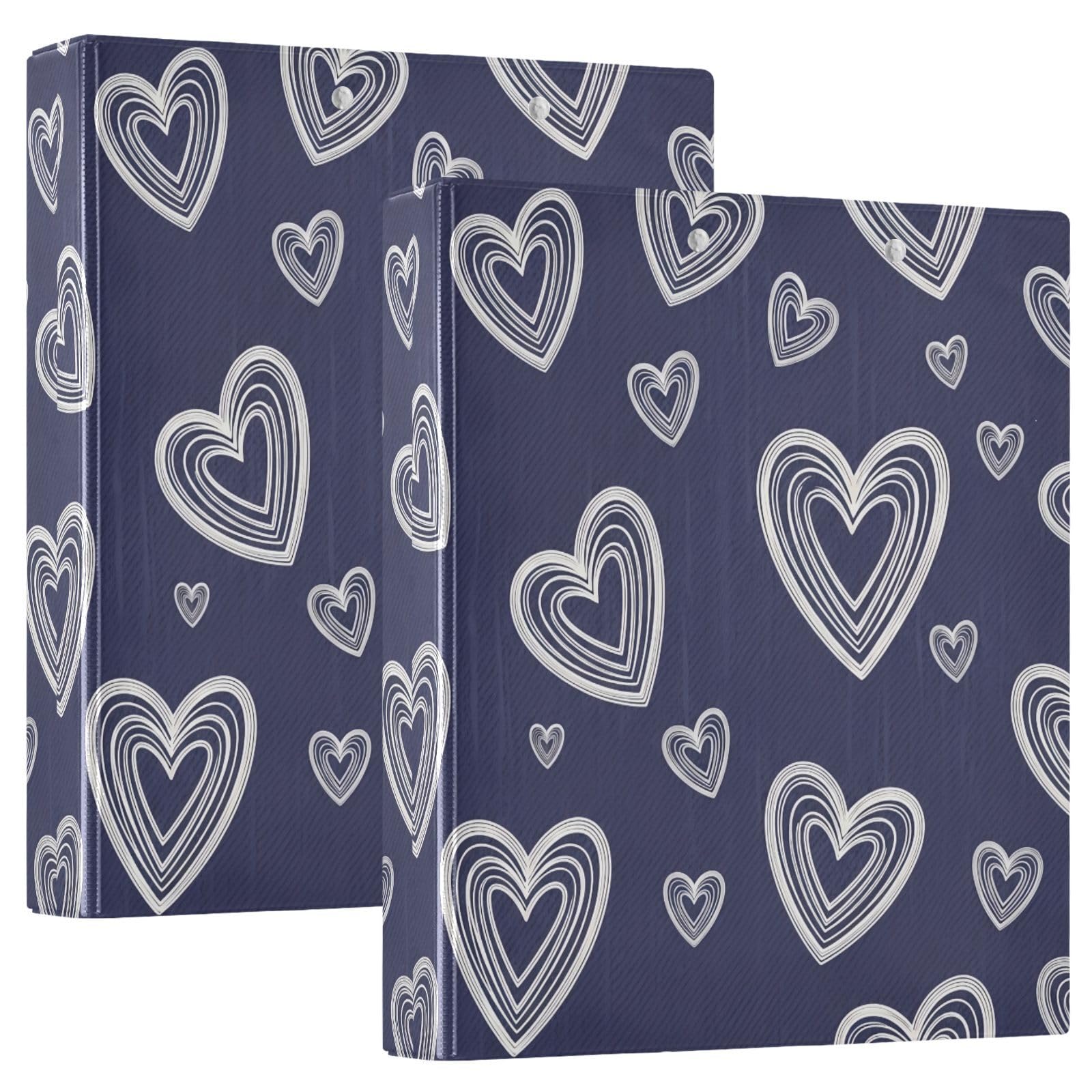 Carpeta de 3 anillos de 1.5 pulgadas con corazones de garabatos blancos, carpeta de anillos redondos con clip de metal, organizador A4 para el hogar y la oficina, paquete de 2