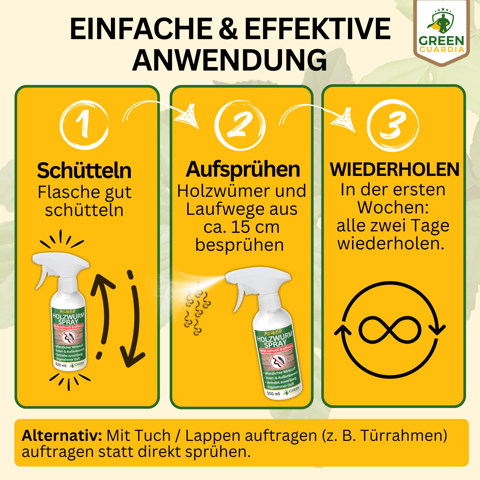 GREEN GUARDIA Holzwurm Abwehrspray 500 ml - Sprühfertiges Konzentrat mit Langzeitwirkung gegen Holzbock & Holzwurm - Mittel gegen Holzwürmer für innen - Effektives Holzwurmmittel & Holzwurmschutz