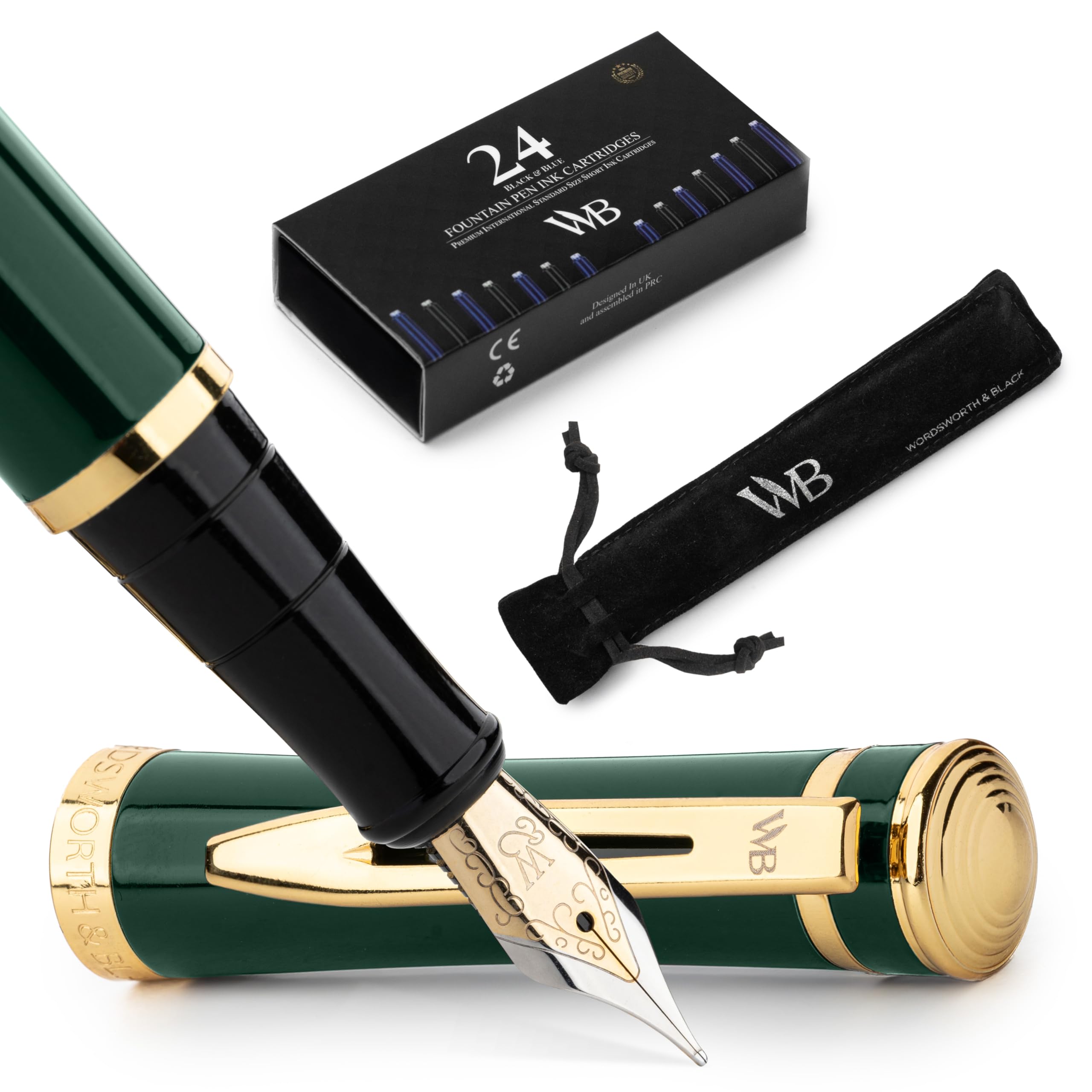 Wordsworth Black Fountain Pen, Racing Green Luxury Medium Nib Set Includes 24 Ink Cartridges (Black & Blue)