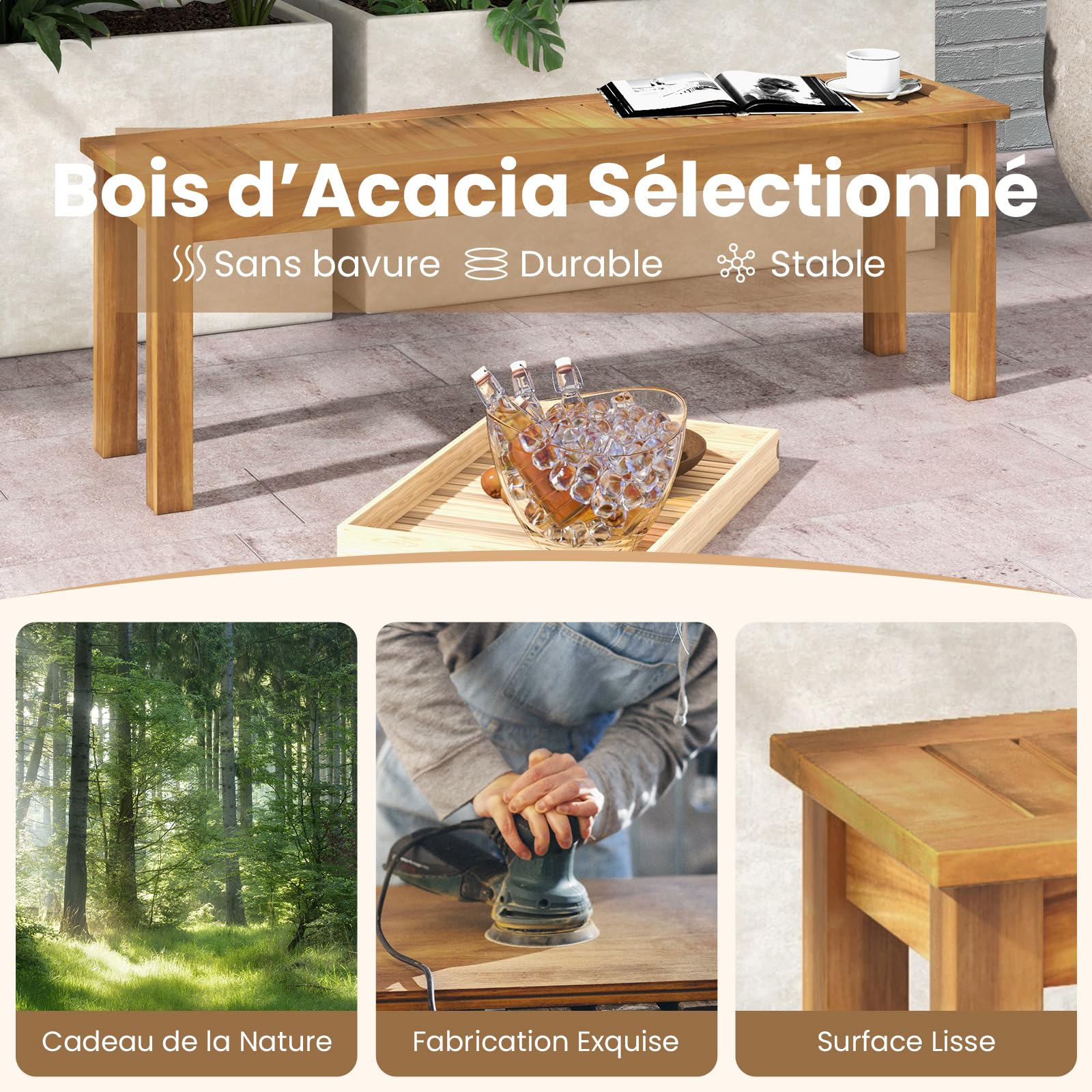 GIANTEX Banc Extérieur Jardin pour 3 Personnes, Banc de Jardin en Bois d’Acacia sans Dossier avec Renfort Inférieur, Banc de Terrasse pour Jardin, Cour, Balcon, 132 x 34 x 43,5 CM