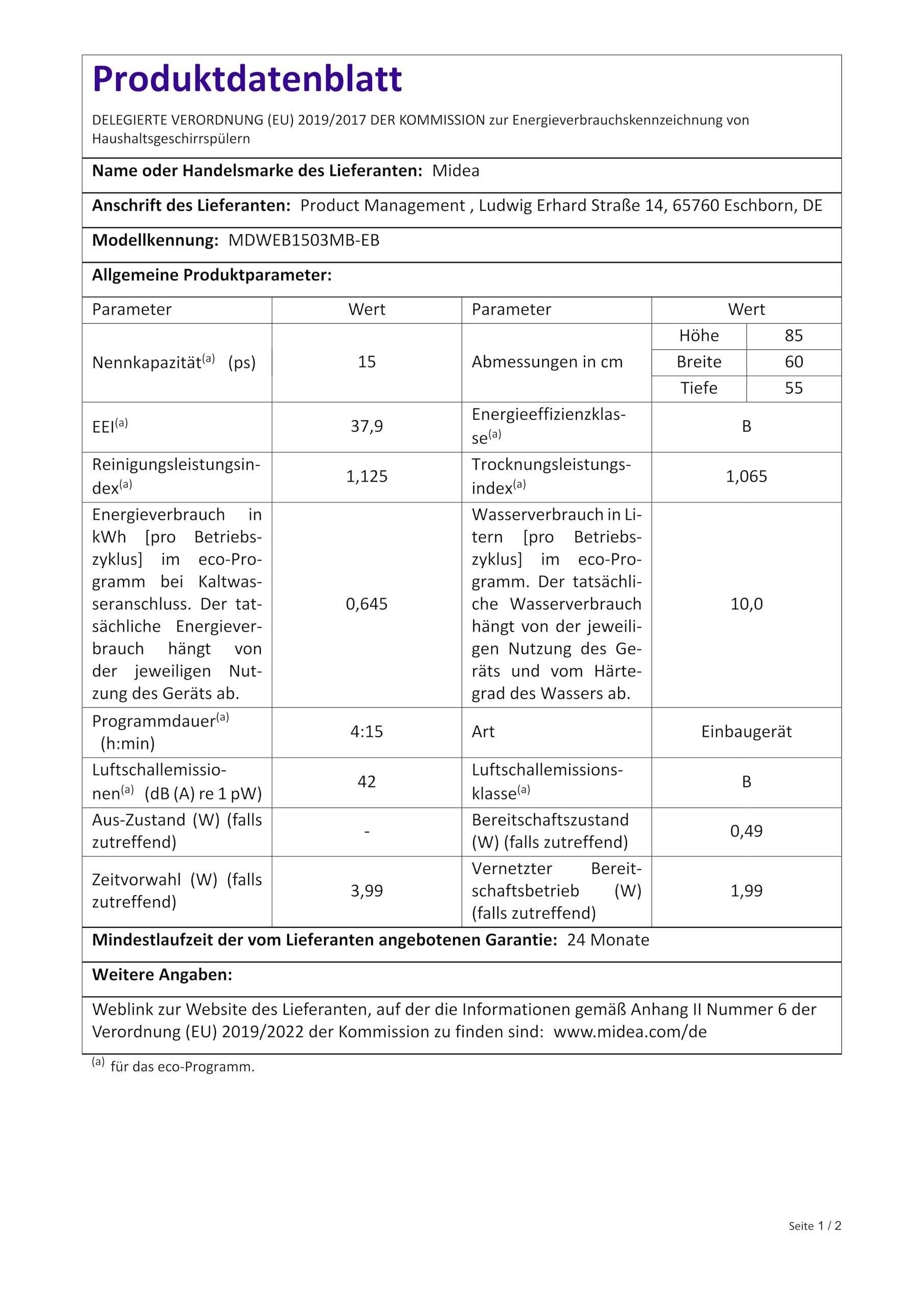 Midea Vollintegrierter Geschirrspüler 60 cm, 15 Maßgedecke, 42dB Leise, Startzeitvorwahl 24h, 9 Programme, Ion Dishfresh, Automatische Önung, Spülmaschine mit WiFi, MDWEB1503MB-EB