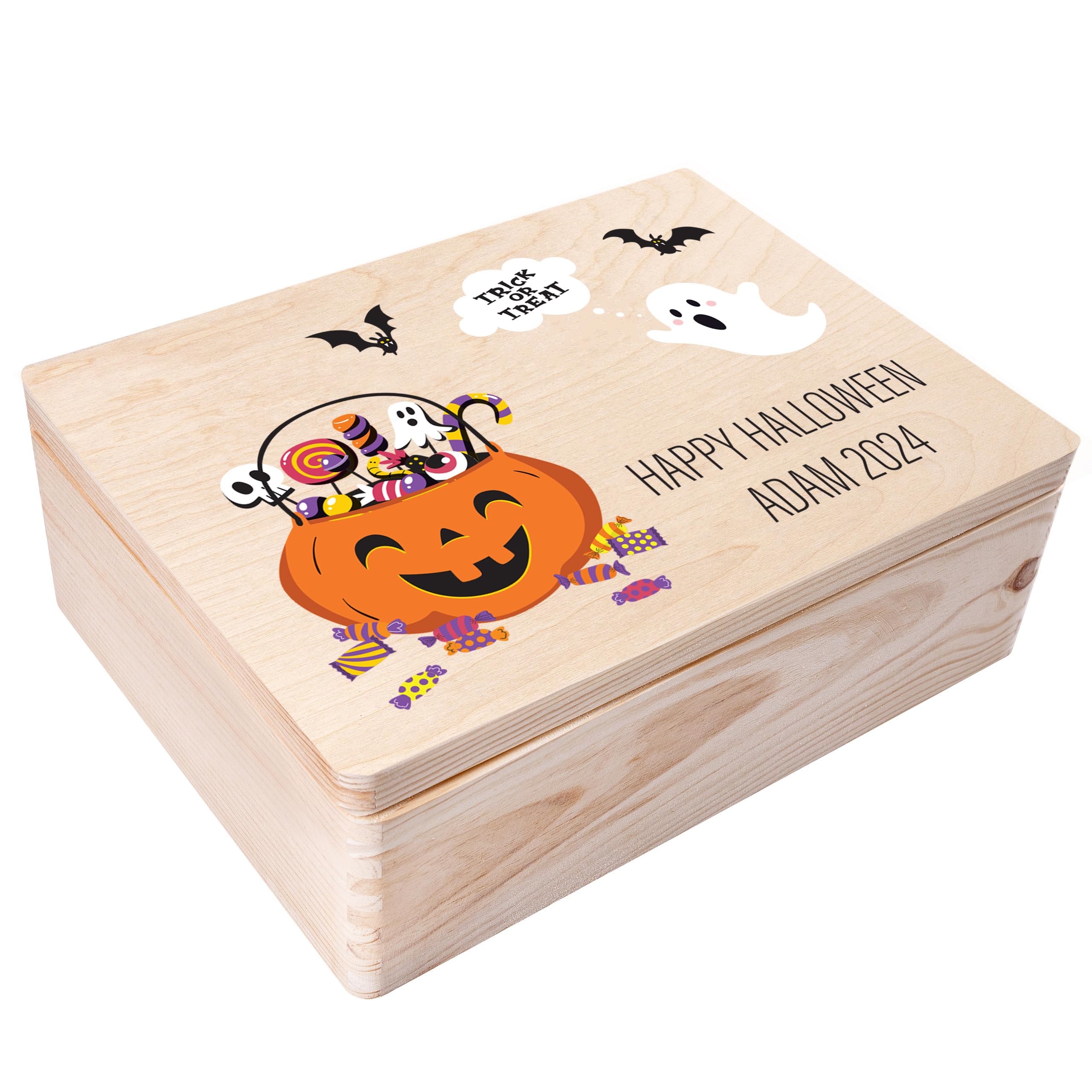 Creative Deco Personalised Halloween Wooden Box - Pumpkin | Any Text Gift for Girls Boys Crafts | Customised Party Storage Box for Costumes, Sweets, Treat Bags | Outdoor Indoor Decoration