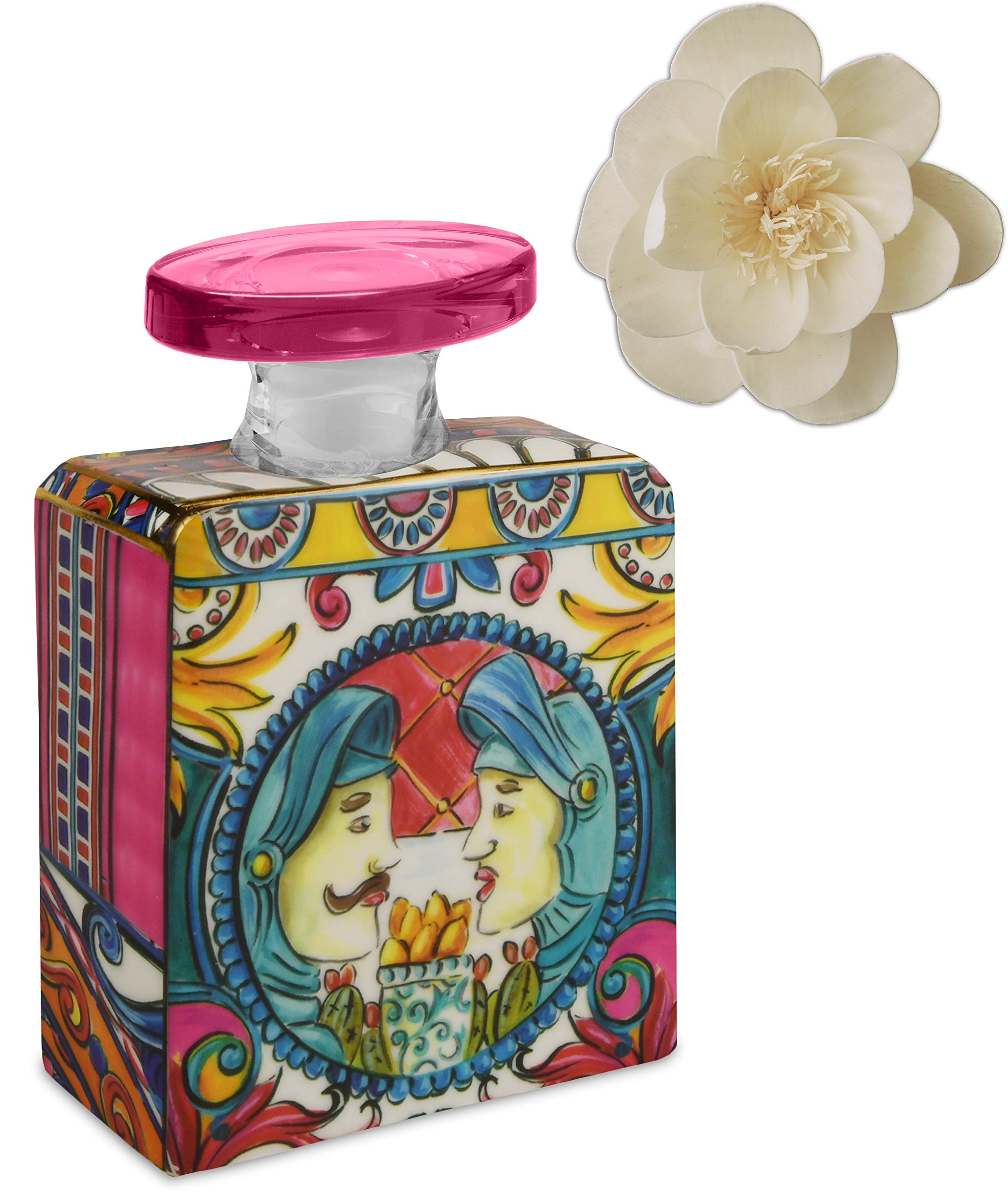Maroc & Roll - Sicily Big Bottle for Home Fragrance in Porcelain with Flower of GELSO 375ml - SBTMAXI.B&R04 Made in Italy