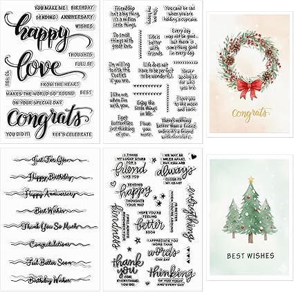 4 Sheets Blessing Words Clear Stamps for Card Making Silicone Stamp with Greeting Words Pattern for Christmas Thanksgiving Birthday Holiday DIY Wedding Anniversary(Classic)
