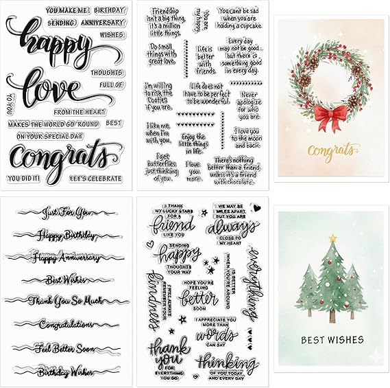 4 Sheets Blessing Words Clear Stamps for Card Making Silicone Stamp with Greeting Words Pattern for Christmas Thanksgiving Birthday Holiday DIY Wedding Anniversary(Classic)
