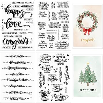 4 Sheets Blessing Words Clear Stamps for Card Making Silicone Stamp with Greeting Words Pattern for Christmas Thanksgiving Birthday Holiday DIY Wedding Anniversary(Classic)