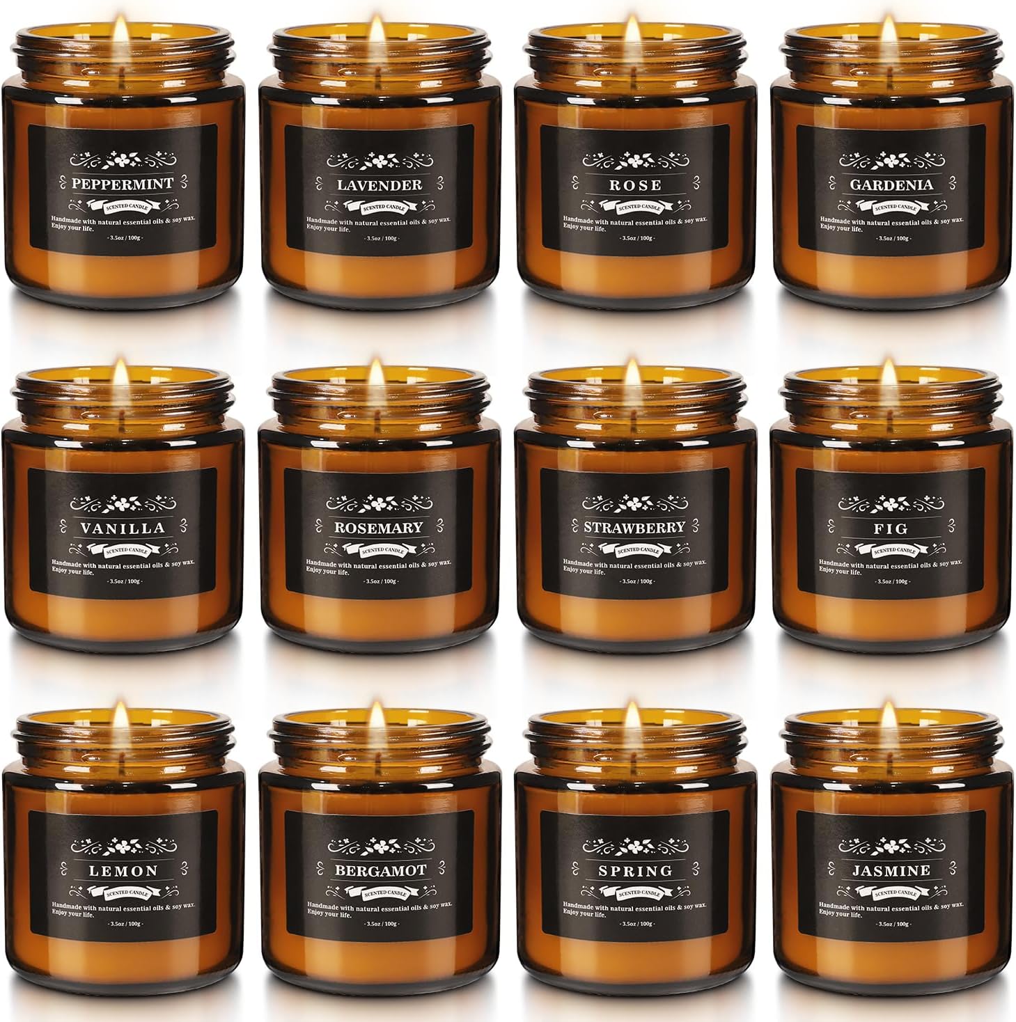 12 Pack Black Apothecary Jar Scented Candles – Natural Soy Wax with Premium Essential Oils, Lavender, Rose, Vanilla & More, 3.5oz/100g Each, Relaxing Aromatherapy Gift Set