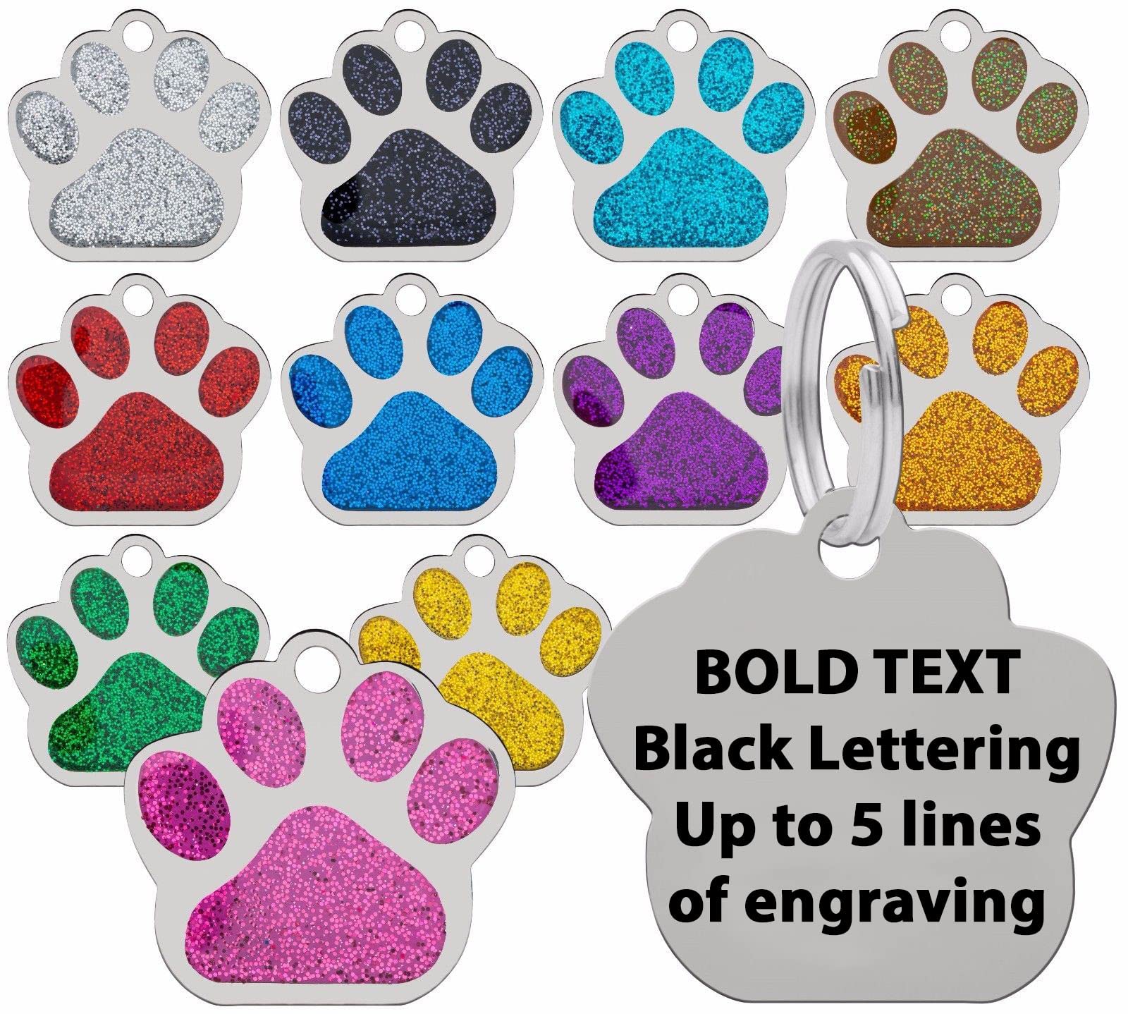 Dog Cat Pet Tag ID Collar Tags Personalised Black Bold Lettering Engraved 27mm with Glitter Paw Print (Black)