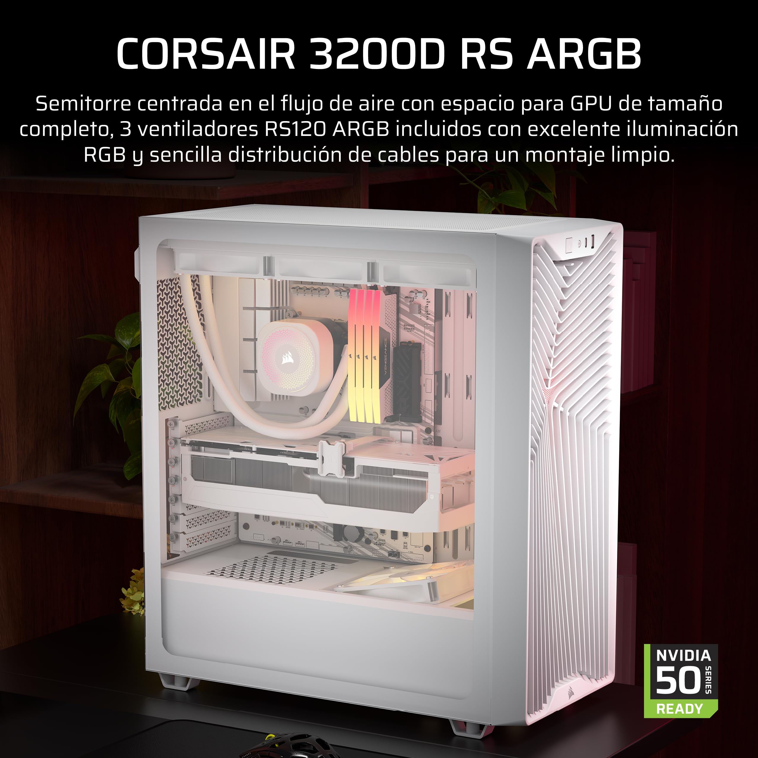 CORSAIR 3200D RS Caja para PC Semitorre ARGB – Blanco | 3 Ventiladores RS120 ARGB PWM Incluidos, Brazo Anticaída GPU, ASUS BTF, MSI Project Zero, Gigabyte Project Stealth