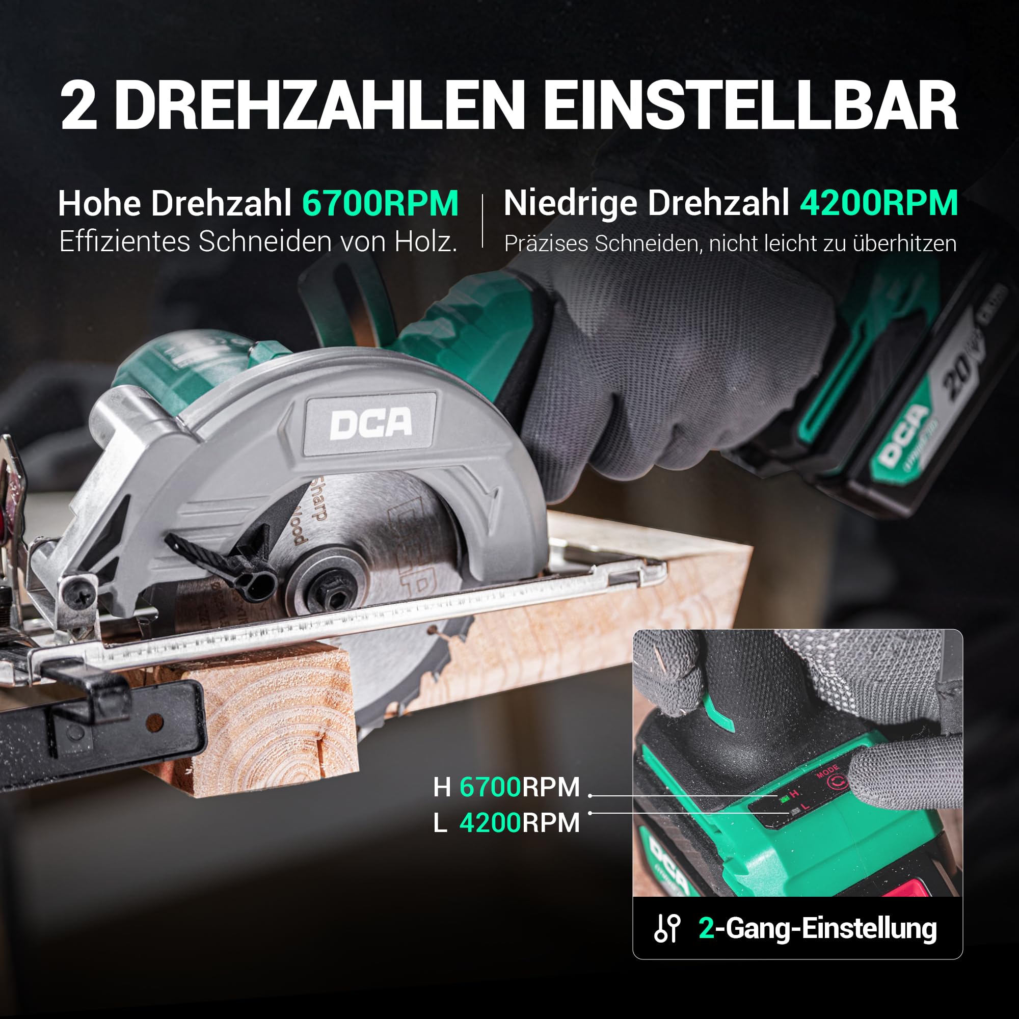 DCA Bezprzewodowa mini piła tarczowa z 2 prędkościami 6700/4200 obr./min, bateria 20 V 4,0 Ah, 3 ostrza Ø125 mm i prowadnica, głębokość cięcia 45 mm (90°)/33 mm (45°), do drewna, tworzywa sztucznego