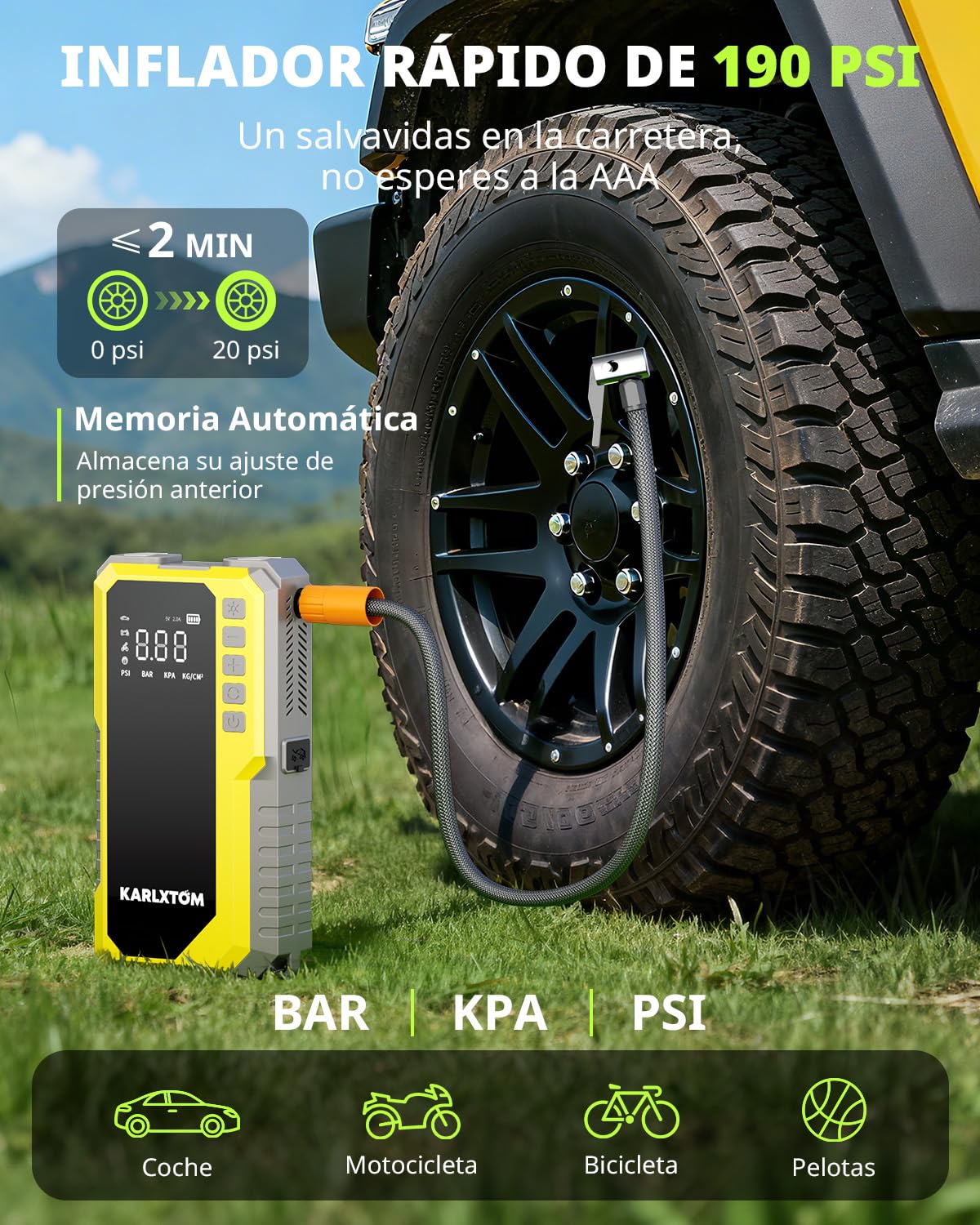 Karlxtom Arrancador de Baterias de Coche 4500A, Compresor de Aire de 190 PSI (Toda Gasolina o 10L Diésel)，12V Arrancador de Coches, Linterna LED de 500 Lúmenes, Pantalla LCD