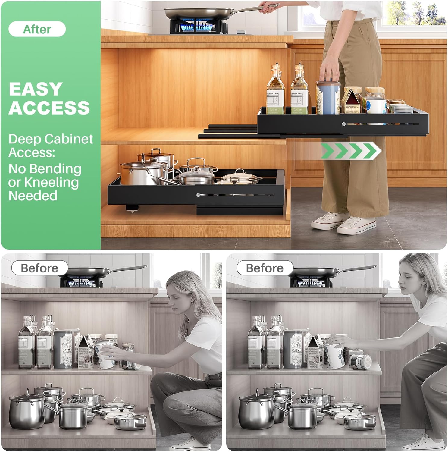 2 Pack Pull out Cabinet Organizer, Expandable Width(14"-24"), Depth(13"-24") with 3 Rails, Slide Out Drawers With Raising Pad for Framed Cabinets, with Adhesive Film for Cabinets in Kitchen, Black