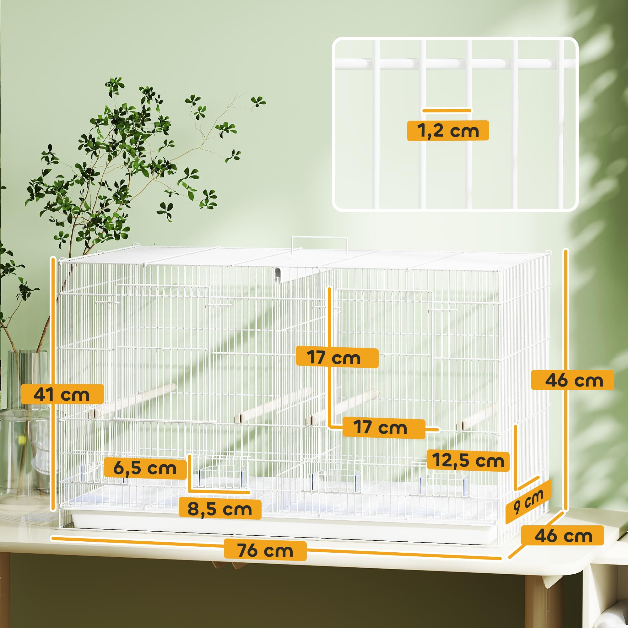 PawHut Vogelkäfig für Voliere, innen, aus Stahl, mit Trennwand, 4 Sitzstangen aus Holz, Schiebeplatte, 4 Futternäpfe, für Wellensittiche, Kanarienvögel, Finken, 76 x 46 x 46 cm, Weiß