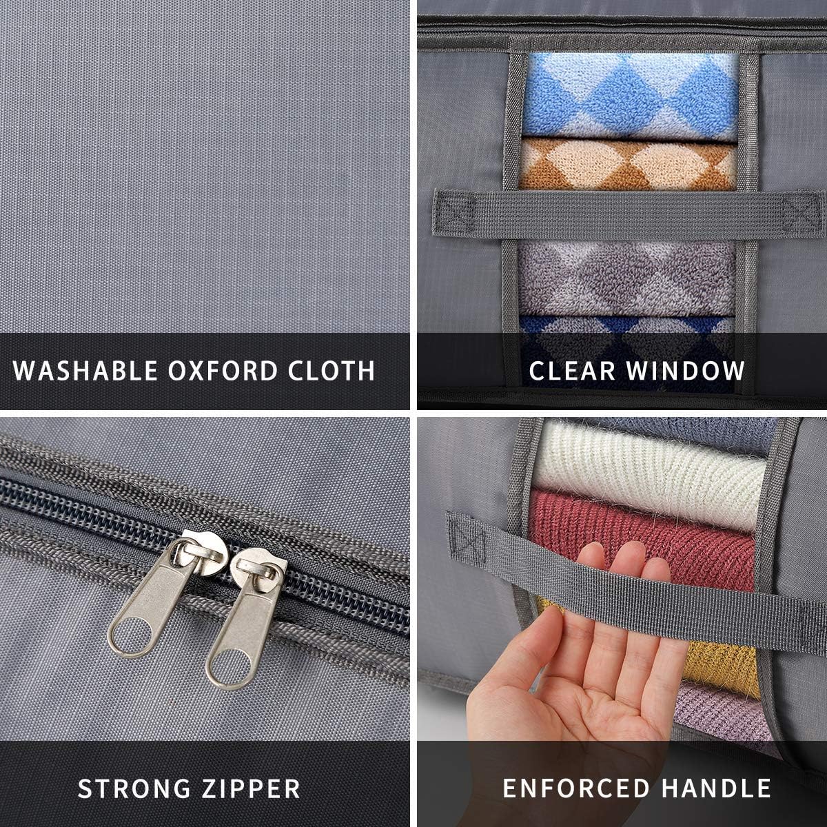 Baseshop Extra Large Foldable Under Bed Storage Bags Containers [4 Pack] Large Blankets Clothes Comforters Underbed Storage Bags Zippered Organizer for Bedroom with Clear Window Thicker Fabric Grey