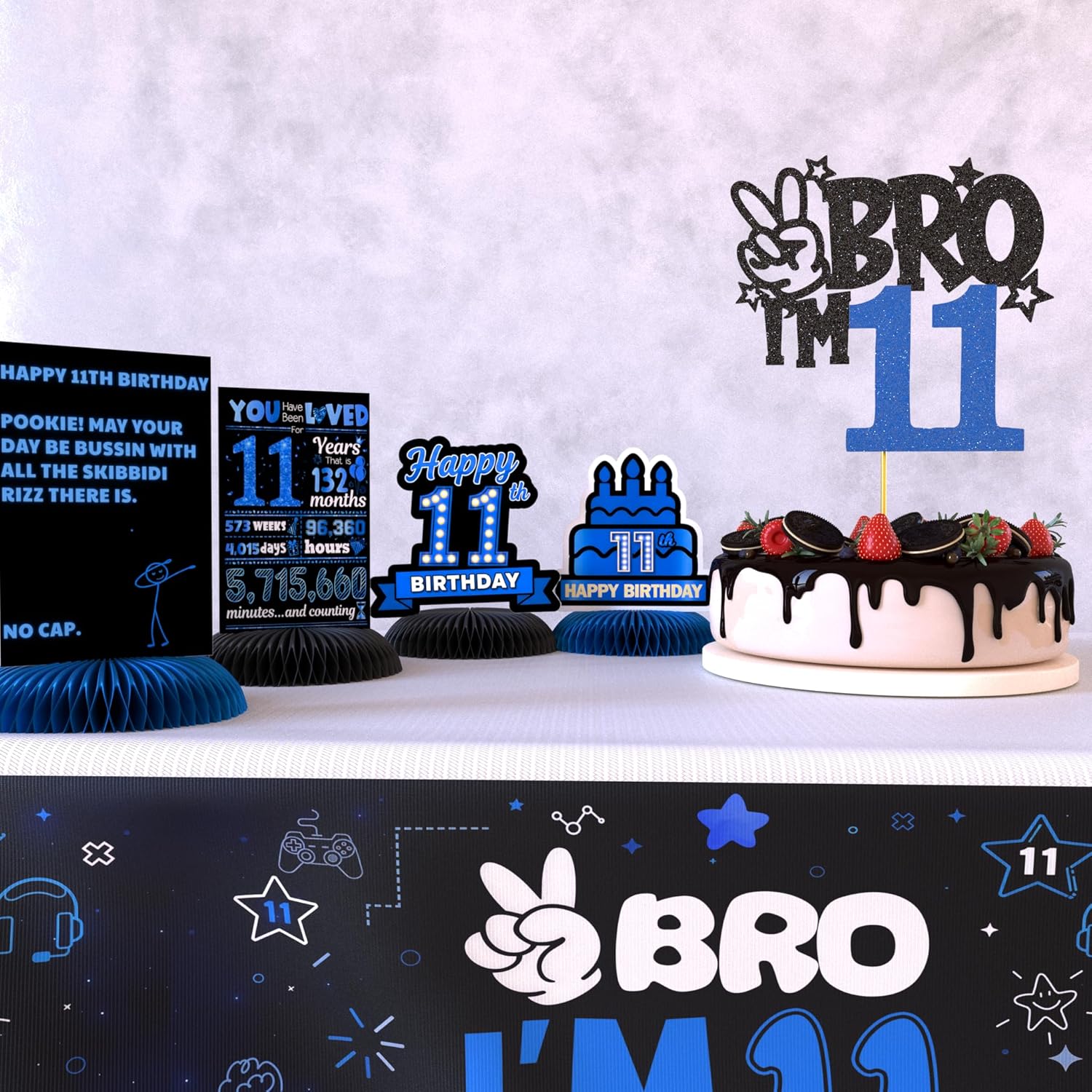 Black Blue 11th Birthday Decorations For Boys Includes Banner, Backdrop, Tablecloth, Latex Balloons, Foil Balloons, Cake Topper, Honeycomb Centerpieces & Hanging Swirls